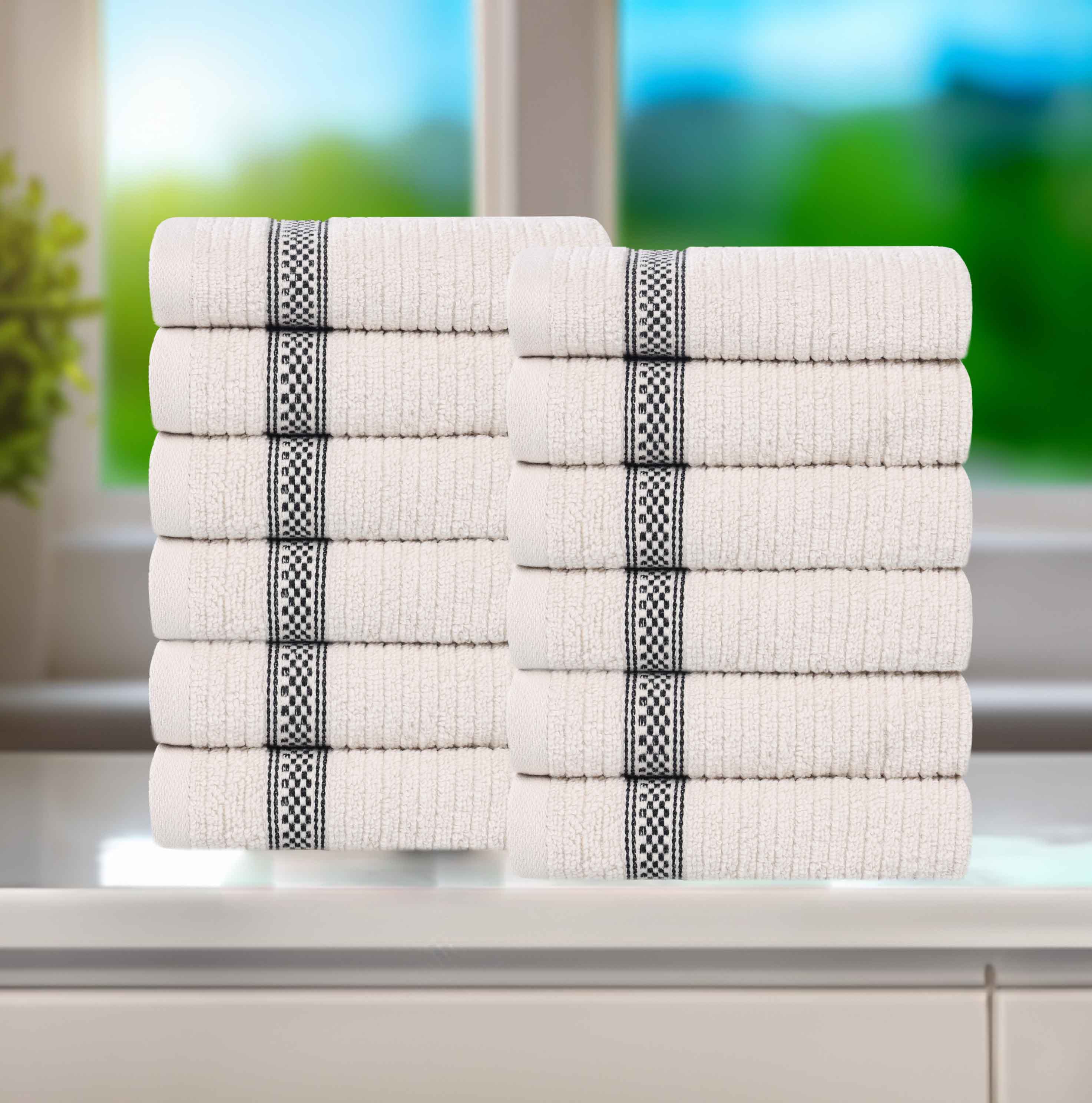 12-Pack Zero Twist Cotton Ribbed Geometric Border Plush Face Towels | Ultra Soft Bath & Hand Towels for Spa, Gym, Travel & Home Use
