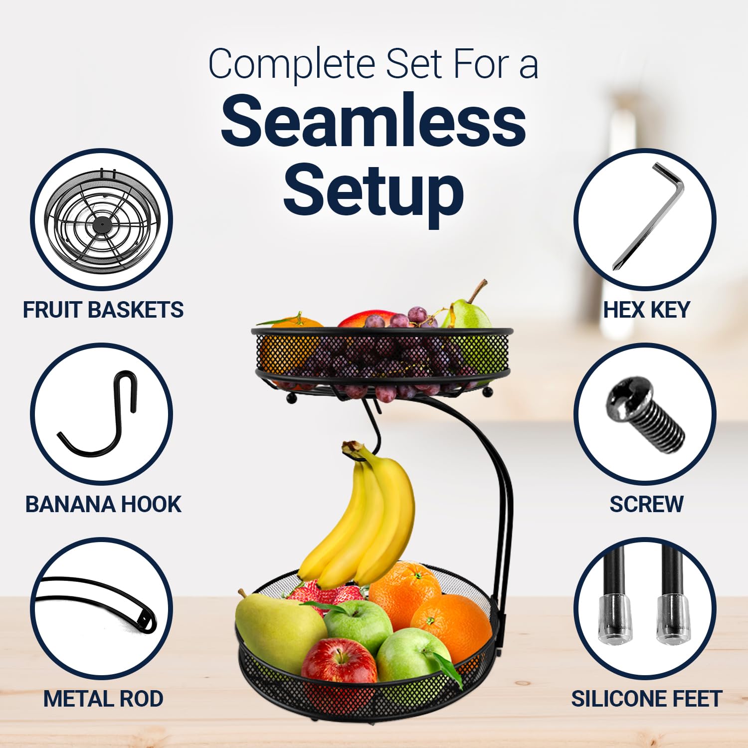 2 Tier Fruit Basket with Banana Hanger - Kitchen Counter Fruit & Vegetable Storage Bowl - Black by Linda's - Perfect for Organizing Fresh Produce in Pantry, Dining Room or Kitchen Countertop