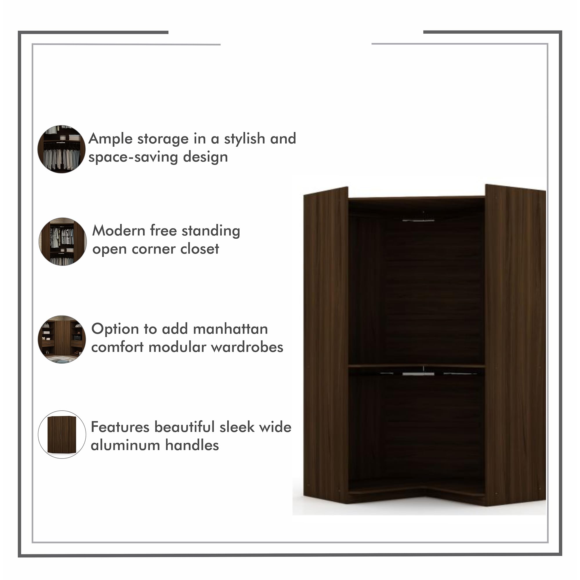 Modern Free-Standing Corner Wardrobe Closet with Rounded Hanging Rods & Open Shelves - Space-Saving Storage Solution for Bedroom, Living Room or Office - Brown by Manhattan Comfort