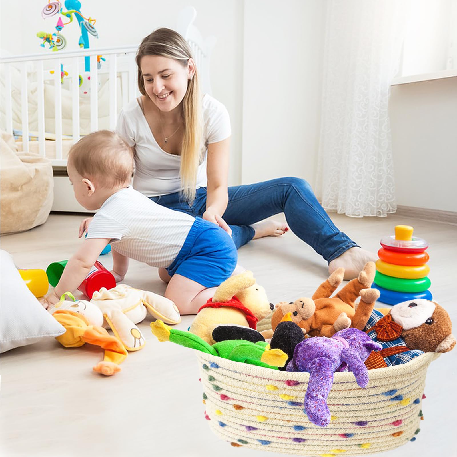 Esme L&H Small Woven Rope Storage Baskets - Set of 3 Decorative Organizer Bins for Baby Nursery, Toys, Shelves & Closet - Rainbow Home Organization Solution for Bedroom, Bathroom & Office Storage Needs