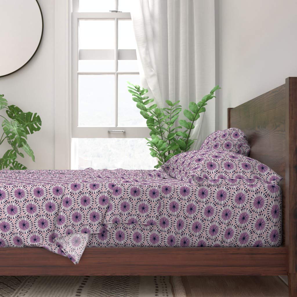 Premium 100% Cotton Twin Sheet Set - Navy Burgundy Floral Geometric Hexbloom Orchid Print | Soft Breathable Bedding for Home, Dorm & Guest Room