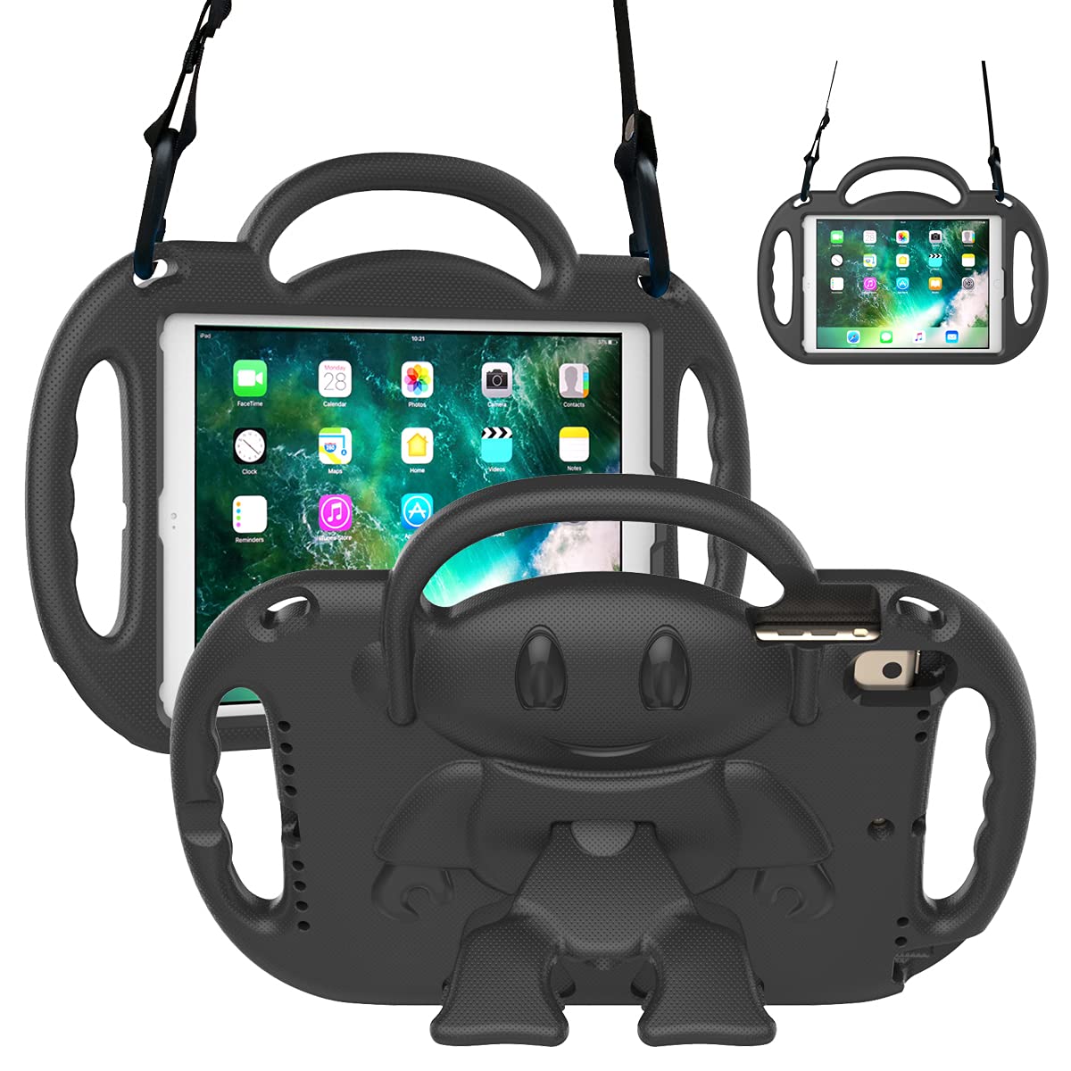 RTOBX Shockproof Kids iPad Case for iPad 5th/6th Gen (9.7 inch 2017/2018), iPad Air 1/2 & Pro 9.7 - Lightweight Durable Protective Cover with Adjustable Shoulder Strap & Handle Stand (Black) - Perfect for School, Travel & Home Learning