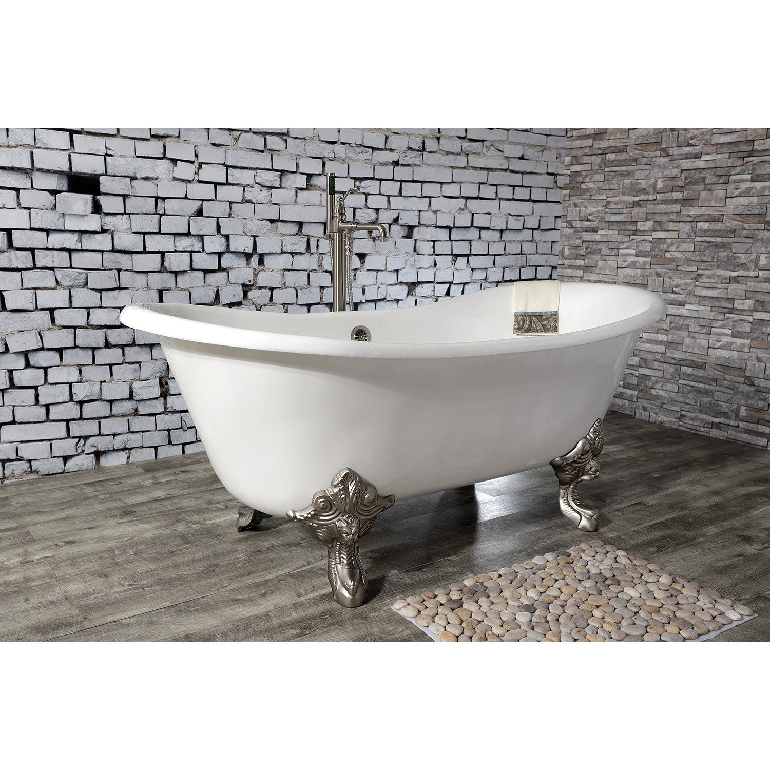 Aqua Eden 67 Inch White Cast Iron Oval Double Slipper Clawfoot Bathtub - Brushed Nickel Finish, No Faucet Drillings | Vintage Freestanding Soaking Tub for Master Bathroom, Luxury Spa Retreat, Classic Bathroom Centerpiece