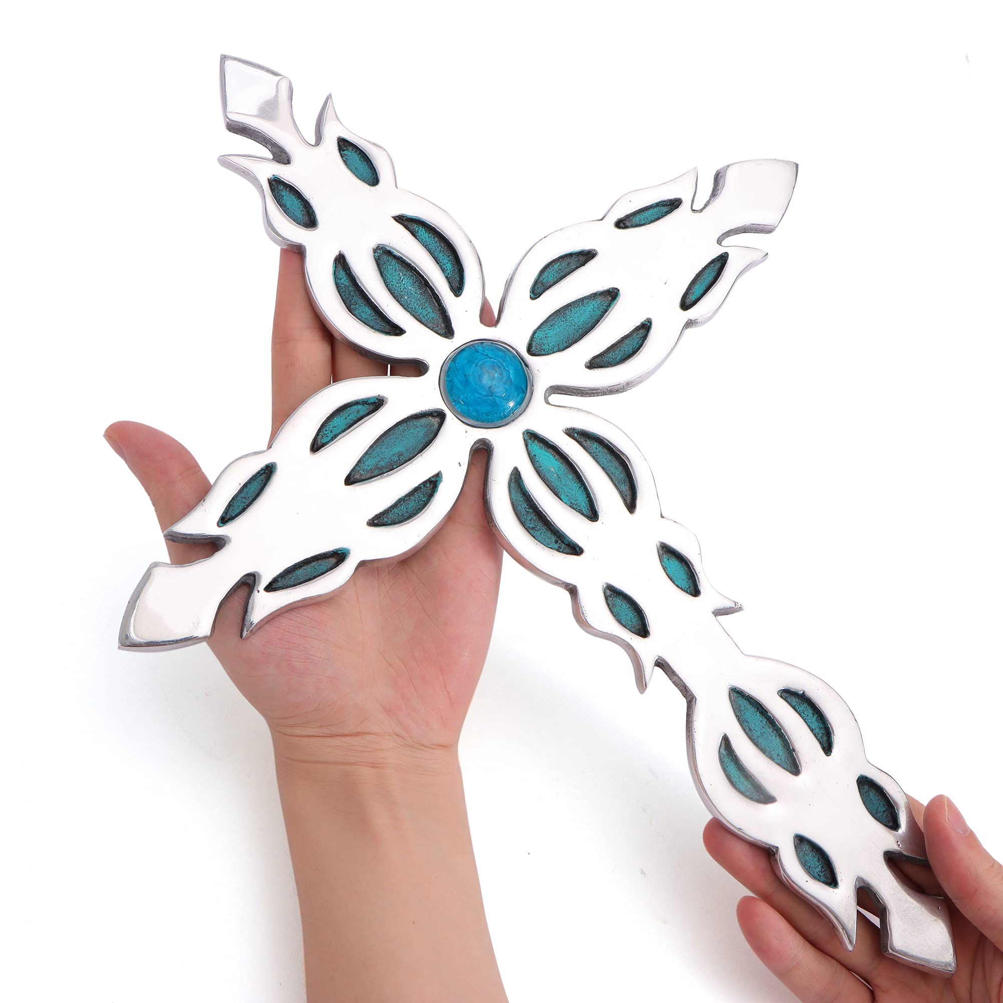Handmade Silver Blue Crackled Glass Cross Wall Decor for Home & Office Gifts