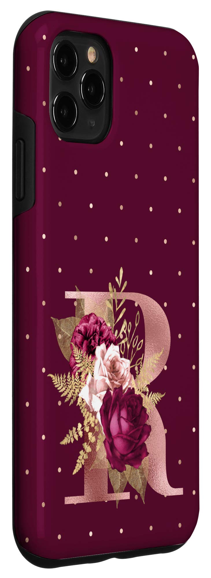 iPhone 11 Pro Max Case - Maroon Floral Design with Custom Initial Letter R Monogram & Blush Flowers | Perfect Gift for Women, Fashionable Phone Cover for Everyday Use