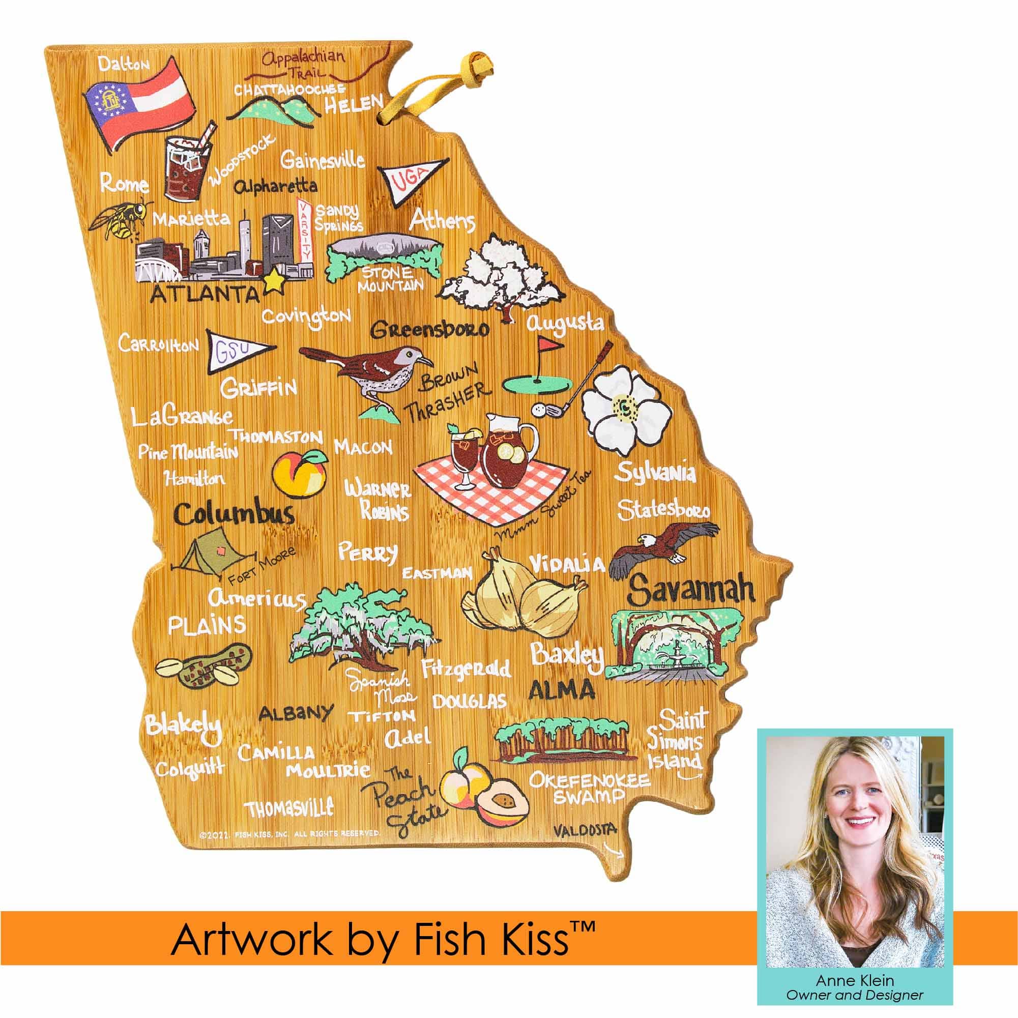 Georgia Handcrafted Wooden Cutting Board with Fish Kiss™ Artwork - Perfect for Kitchen, Charcuterie, and Cheese Serving