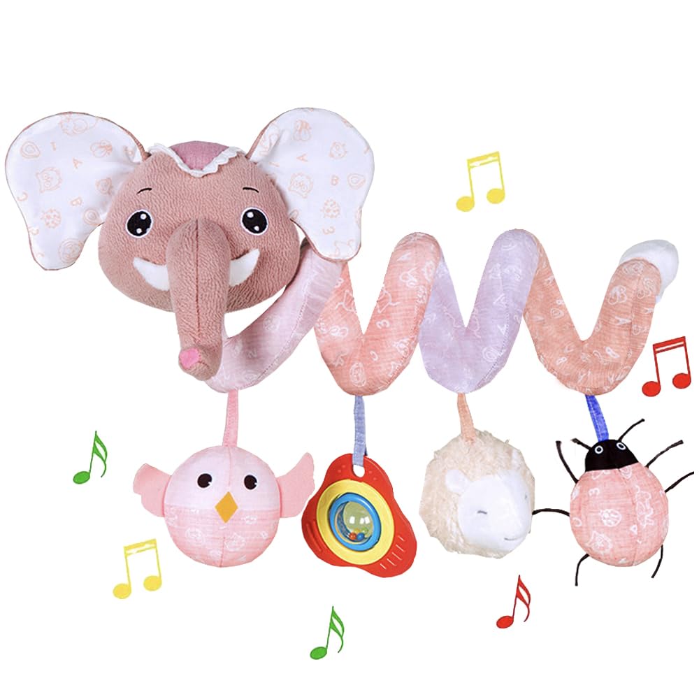 Pink Elephant Baby Car Seat Toys - Spiral Hanging Developmental Toys for Newborns 0-12 Months | Crib, Bassinet & Stroller Mobile | Early Learning Sensory Toy for Infant Girls & Boys | Perfect for Road Trips & Nursery Decor
