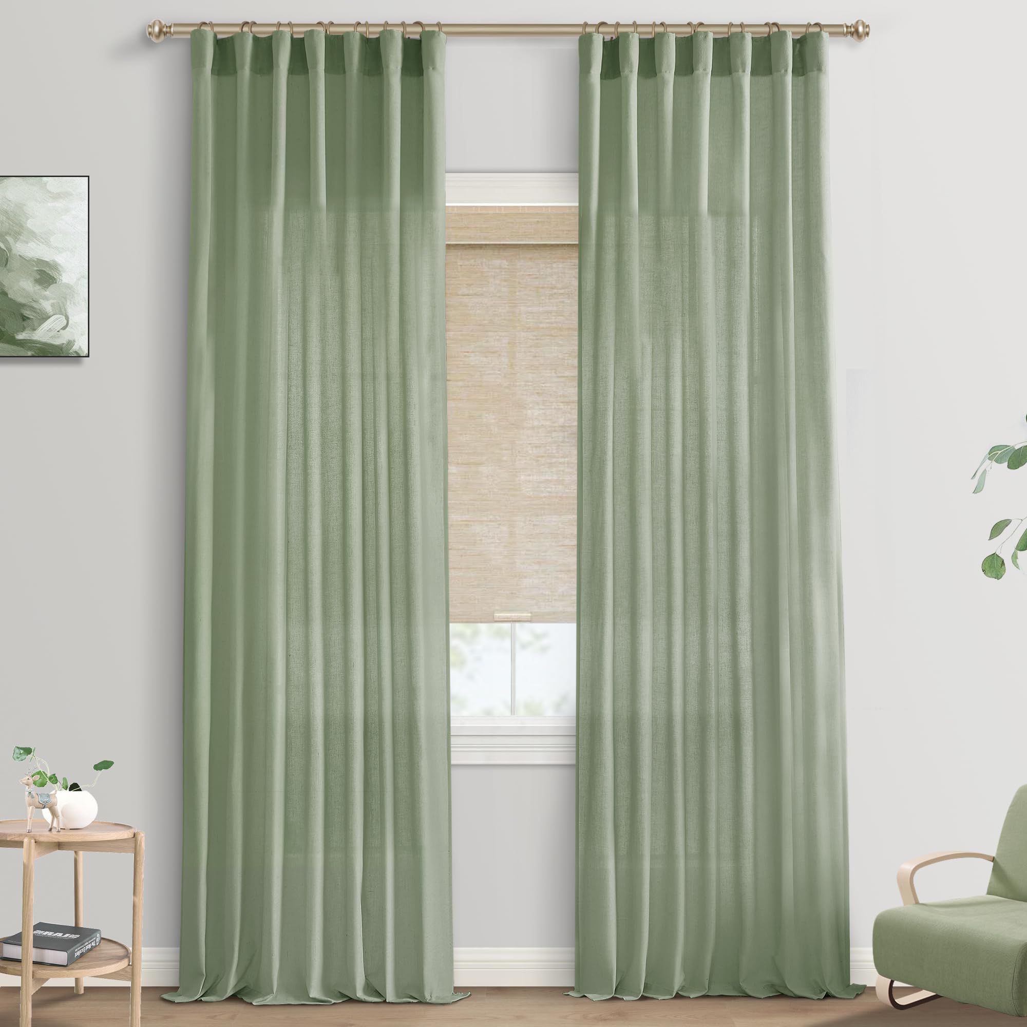 Sage Green Linen Curtains 96 Inches Long - Light Filtering Boho Style Window Drapes for Living Room, Bedroom, Closet Door & Nursery - Neutral Aesthetic for Boys, Girls & Teens Rooms - Perfect for Home Decor & Privacy