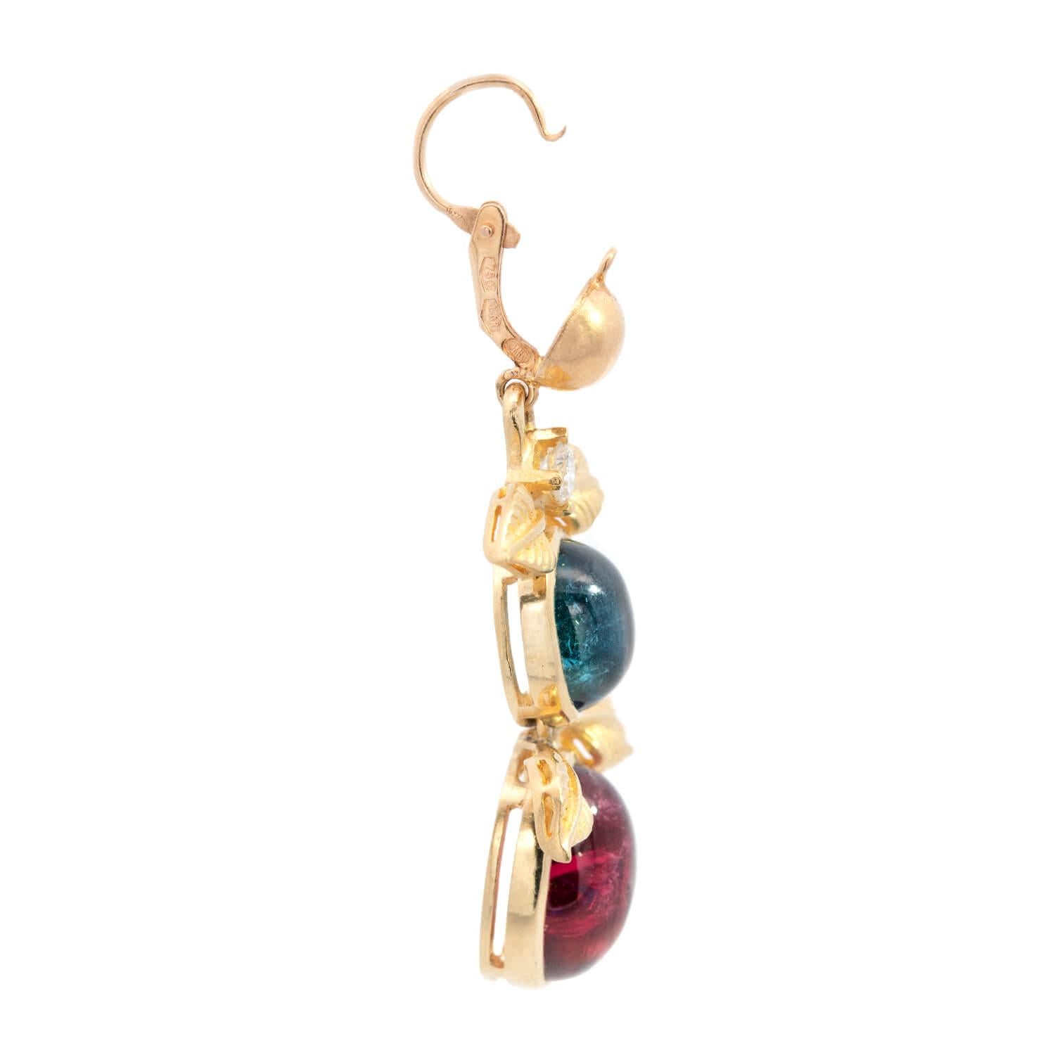18K Gold Tourmaline Rubellite Diamond Foliage Drop Earrings for Women - Elegant Dangle Earrings for Wedding, Party & Special Occasions