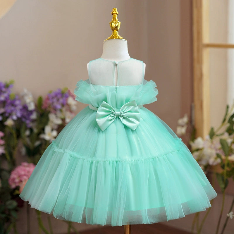 Mint Green Princess Round Tea Length Tulle Flower Girl Dress for Weddings, Bridal Showers & Special Occasions