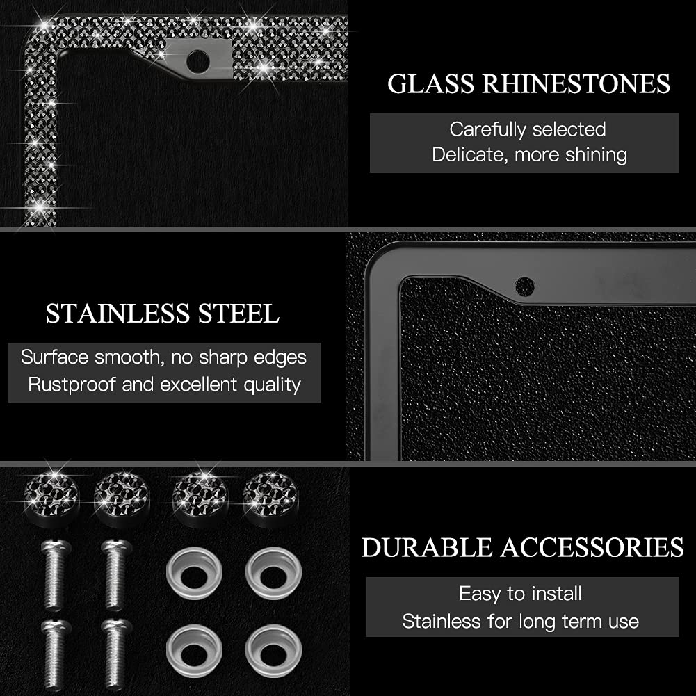 OTOSTAR 2 Pack Rhinestone Bling License Plate Frames with Ribbon Bow - Premium Stainless Steel Car Plate Holder with Anti-Theft Screws (Black/Red Bowtie) for Cars, SUVs & Trucks - Perfect for Customizing Your Vehicle & Adding Glam Style
