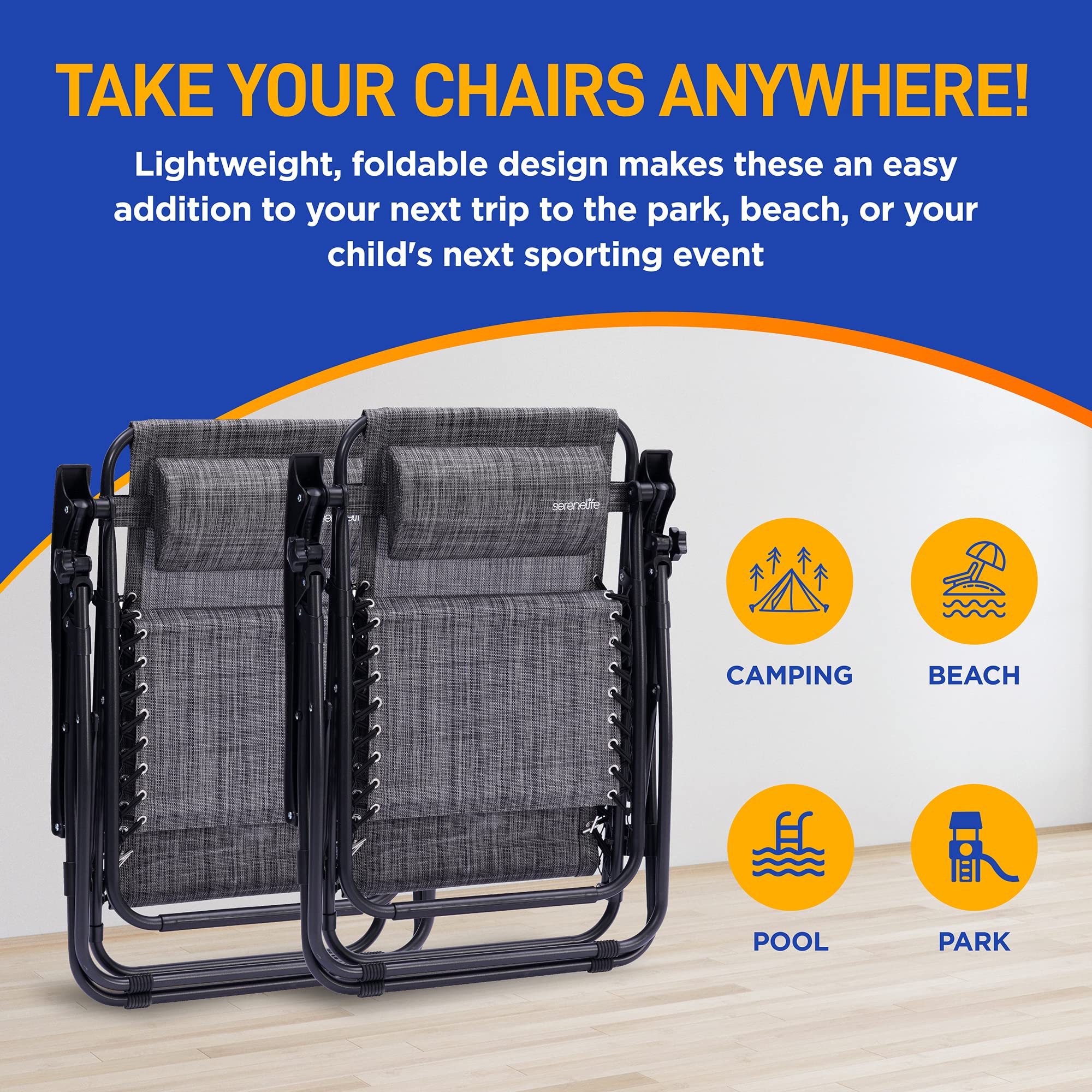 SereneLife Zero Gravity Lounge Chairs Set of 2 - Adjustable Steel Mesh Outdoor Recliners with Cup Holder & Removable Pillows - Foldable Patio Chairs for Backyard, Poolside & Camping - Comfortable Grey Lawn Chairs for Relaxation