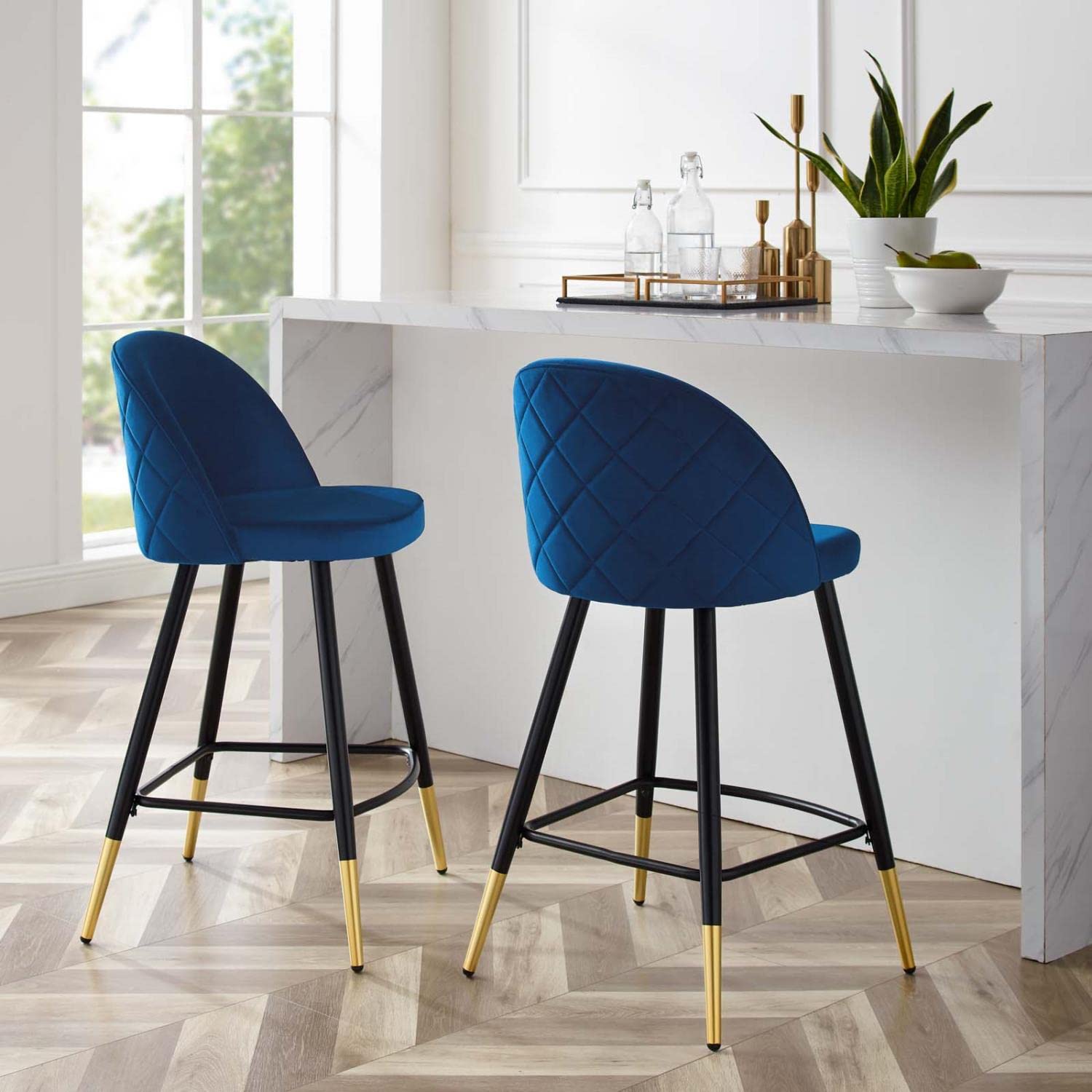 Modway Cordial Performance Velvet Dining Counter Stools Navy Blue - Set of 2 Bar Stools for Kitchen Island, Breakfast Nook & Home Decor