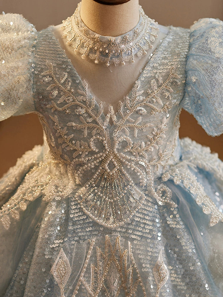 Elegant Blue V-Neck Floor-Length Sequined Flower Girl Dress for Weddings & Special Occasions