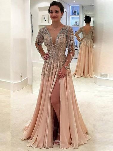 Elegant Long Sleeve Deep V Neck Beaded Evening Gown with Side Slit - Formal Prom Dress for Women (Style 17628) | Perfect for Homecoming, Gala, Wedding & Special Occasions