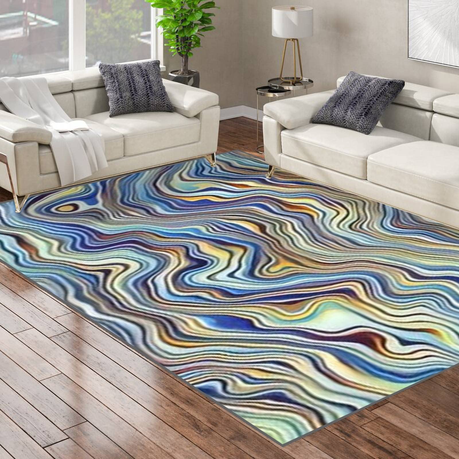Non-Slip Abstract Fractal Psychedelic Area Rug - 16:9 Wavy Horizontal Design Yoga Mat & Indoor Floor Carpet for Home, Bedroom, Nursery, Living Room, Patio - Perfect for Meditation, Playroom Decor and Door Mat