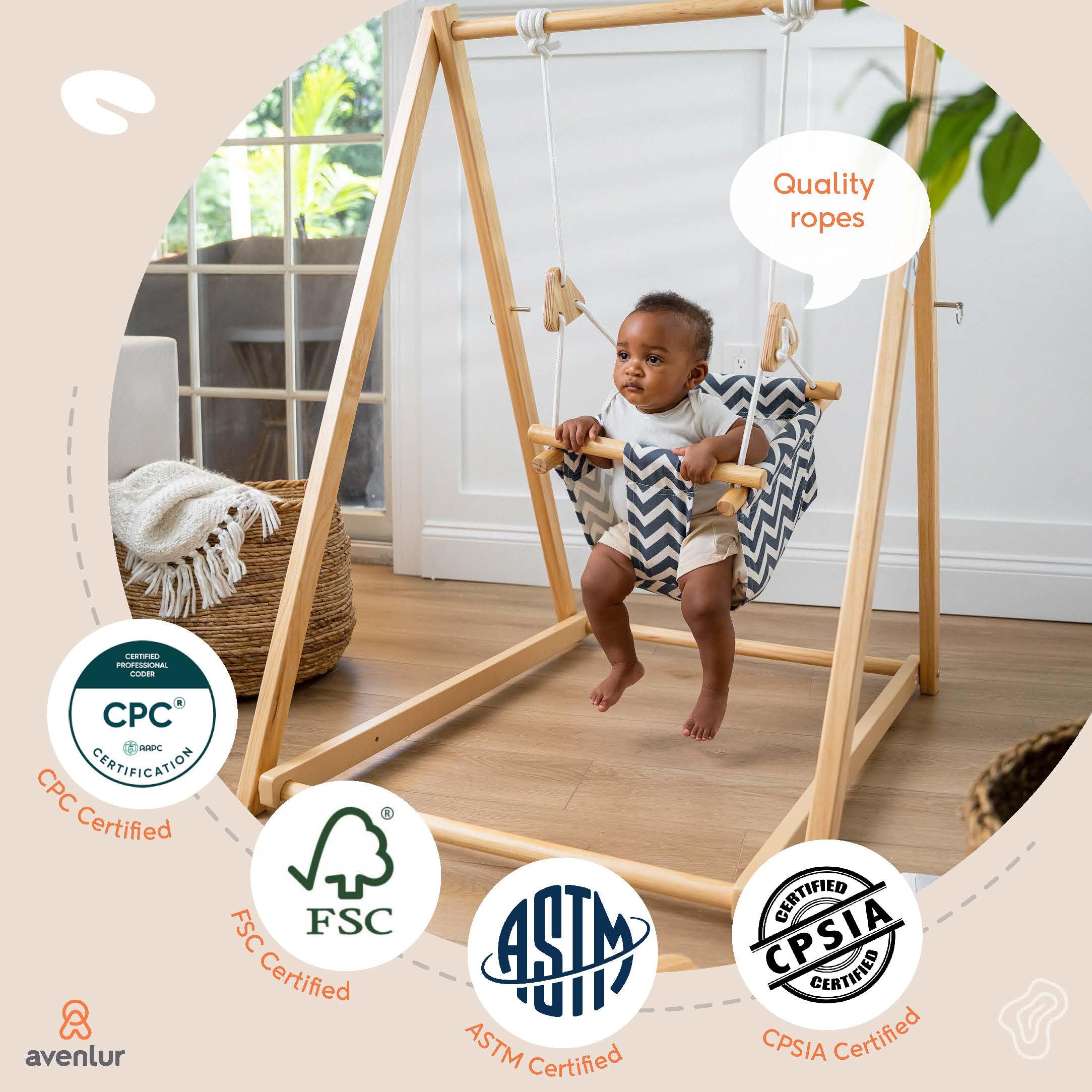Avenlur Spruce Baby Swing with Stand - Foldable Toddler Swing with Safety Belt & Soft Pillow - Indoor/Outdoor Free Standing Swing for Kids 6 Months to 3 Years - Montessori Waldorf Style Swing for Playroom, Backyard & Nursery