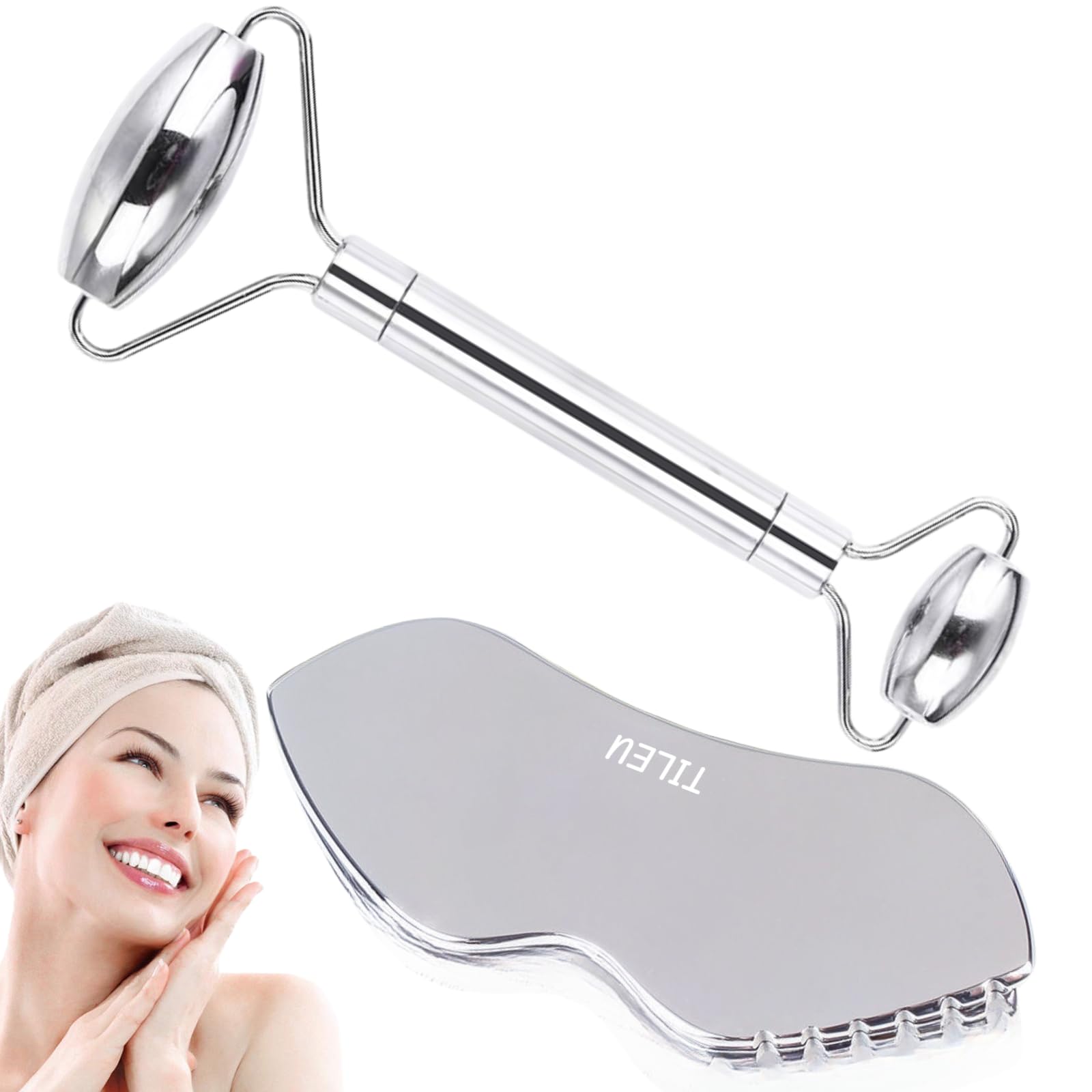Stainless Steel Face Roller & Gua Sha Tool Set - Anti-Aging Facial Massager for Wrinkles, Puffiness & Skin Tightening - Eye & Neck Care for Glowing Skin - Perfect for Morning Routine & Spa Night Self-Care