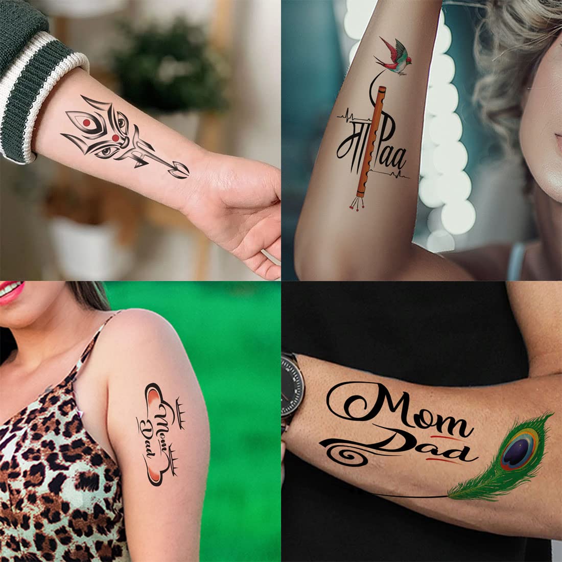Pack of 4 Temporary Tattoo Stickers - Love Mom Dad Flute Trishul Designs for Men & Women (2x4 Inch) | Waterproof Body Art for Parties, Festivals & Cultural Events
