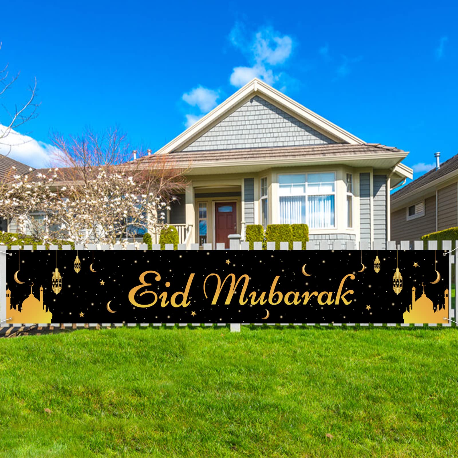 Black Gold Eid Mubarak Backdrop - 210x40 cm Ramadan Mubarak Banner for Yard Fence & Islamic Festival Decor | Perfect for Eid Al Adha Celebrations, Muslim Party Decorations & Home Decoration