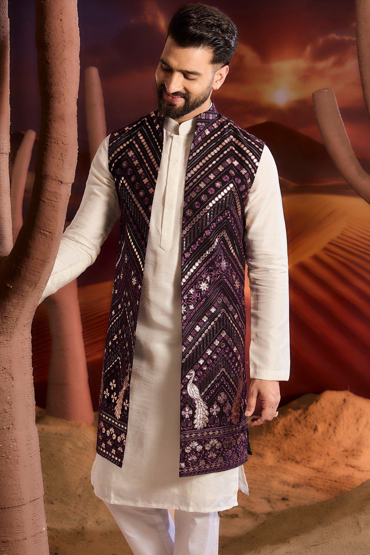 Elegant Purple Long Open Shrug with Intricate Leather Patchwork - Boho Chic Cardigan for Women | Perfect for Fall Layering, Date Nights & Casual Outings
