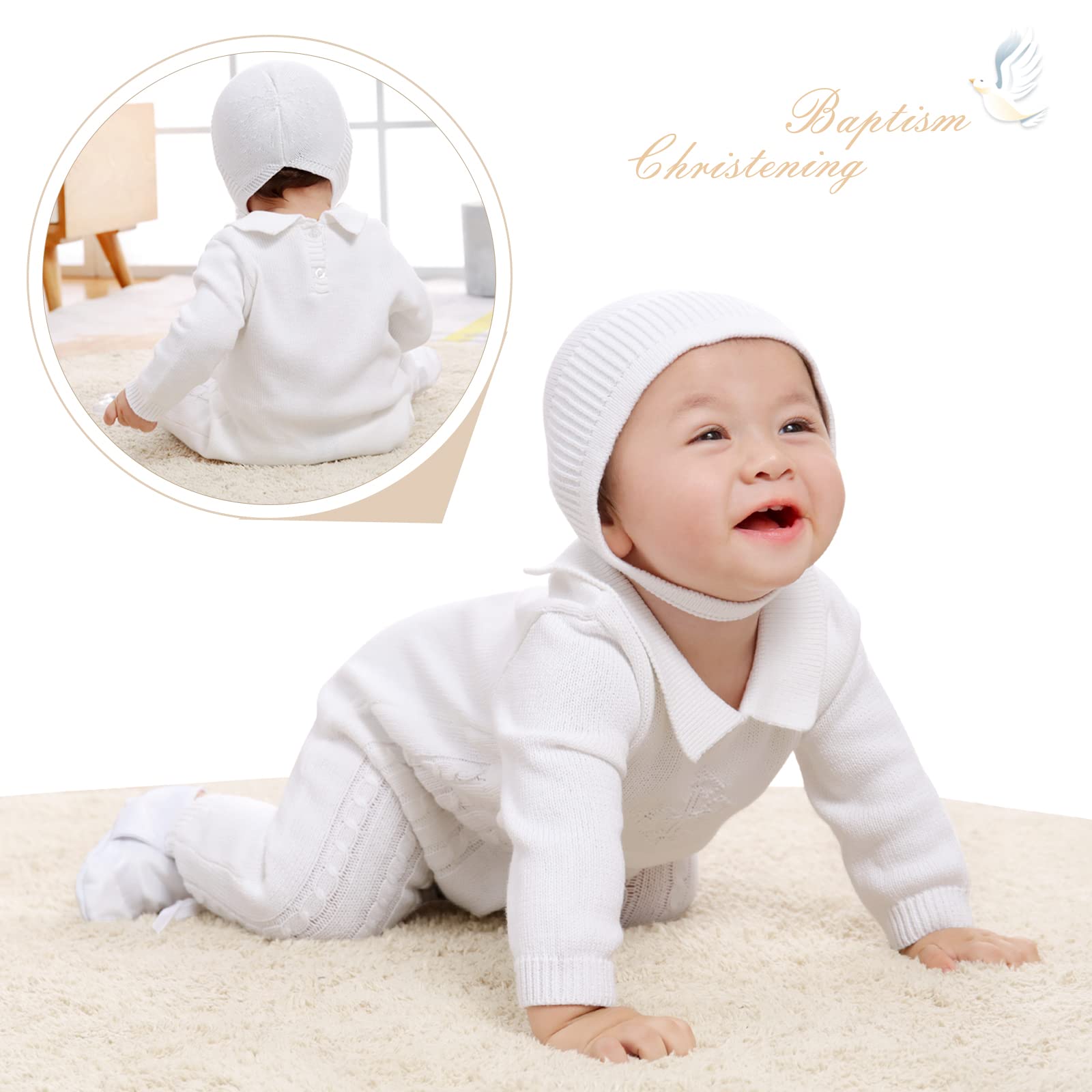 Booulfi Baby Boy's Christening Baptism Outfit Set - White Suit with Hat & Cross Detail for Newborn Baptism, First Communion & Special Occasions