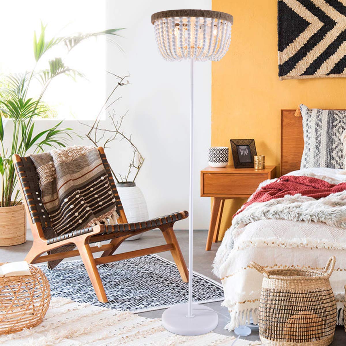 Modern Wood Beaded Flush Mount Ceiling Light & Floor Lamp Set - Natural Wood & Woven Rattan Design for Living Room, Bedroom & Dining Room Lighting Decor