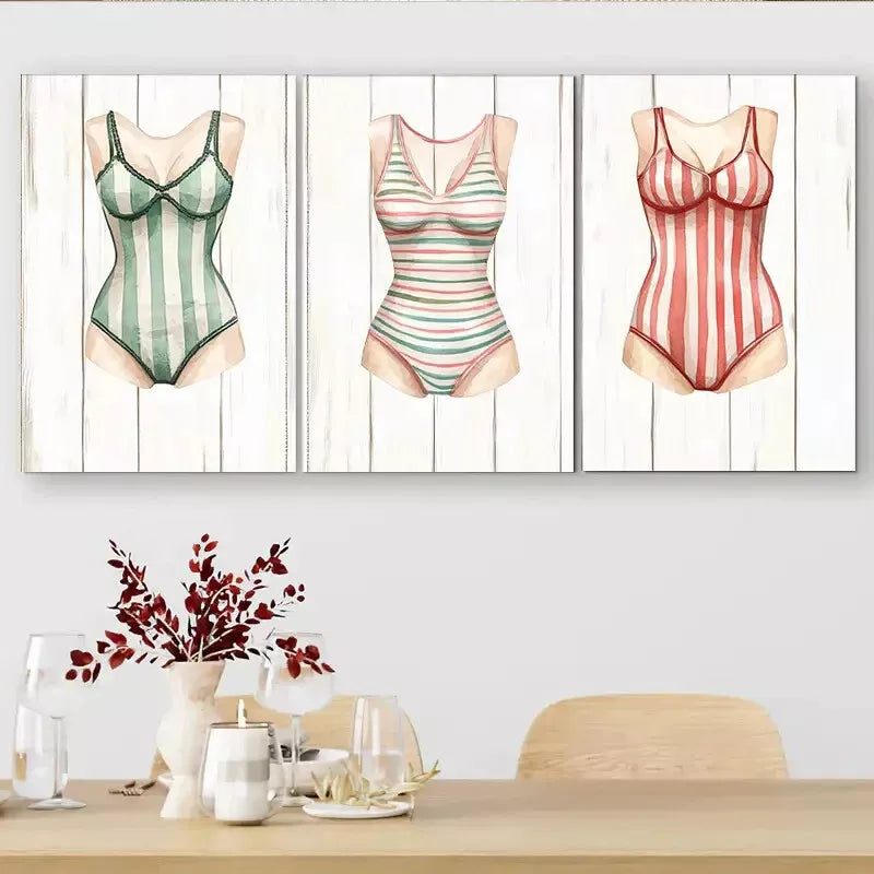 3-Piece Vintage Style Swimsuit Triptych Wall Art Set - 40x60cm Framed Canvas Prints - High Quality Australian Made Ready-to-Hang Decor for Beach House, Bathroom & Coastal Living Spaces