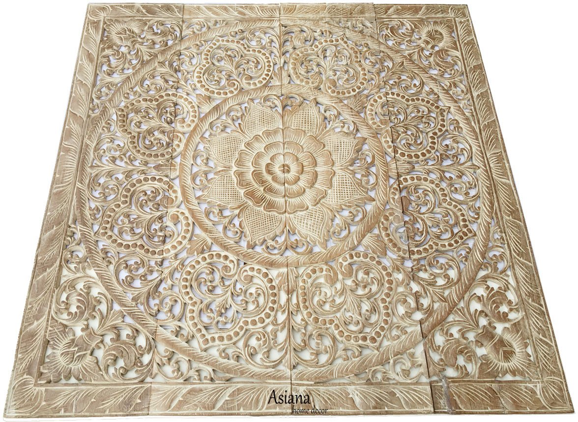 Sacred Fig Leaf Wood Carved Headboard - Asian Wall Art Decor for Bedroom (48