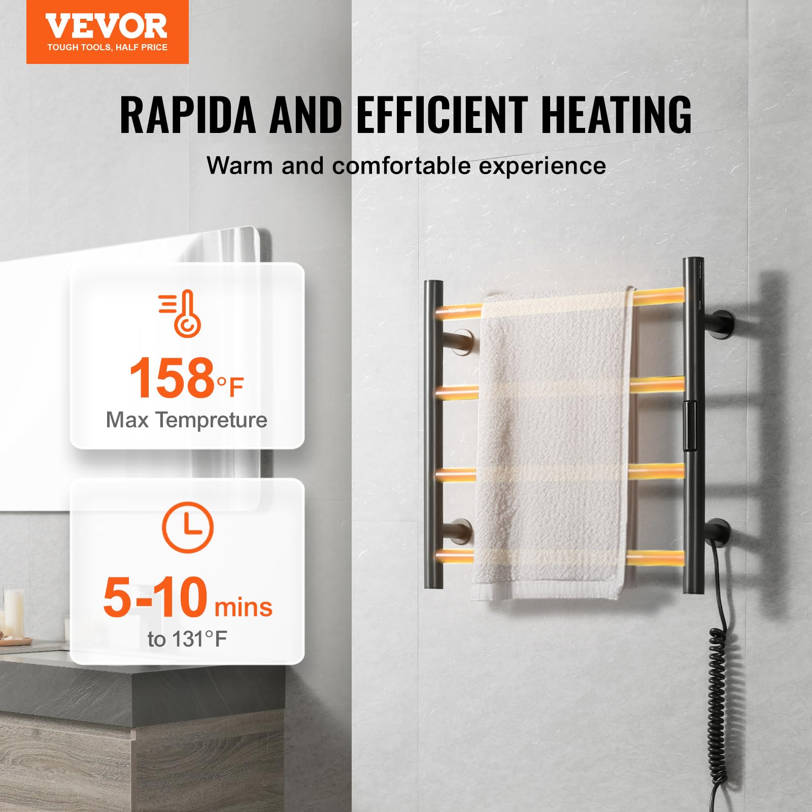 VEVOR 4-Bar Heated Towel Rack - Wall Mounted Bathroom Towel Warmer with Timer, LED Display & 5 Adjustable Temperature Settings - IPX5 Waterproof Black Towel Heater for Spa, Luxury Hotels & Home Use