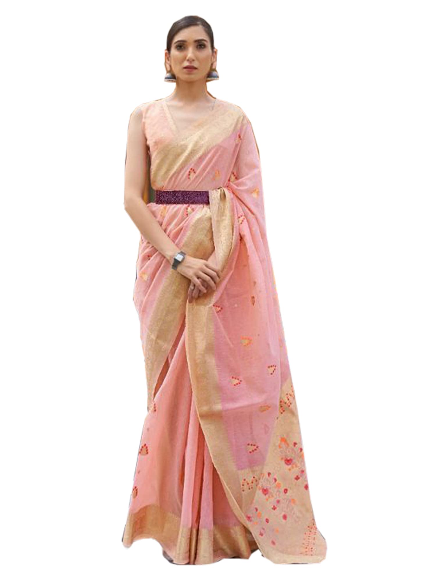 Elegant Indian Women's Pure Linen Silk Saree Blouse - Bollywood Designer Cocktail Party Wear - Trendy Sari 1183 for Weddings, Festivals & Special Occasions