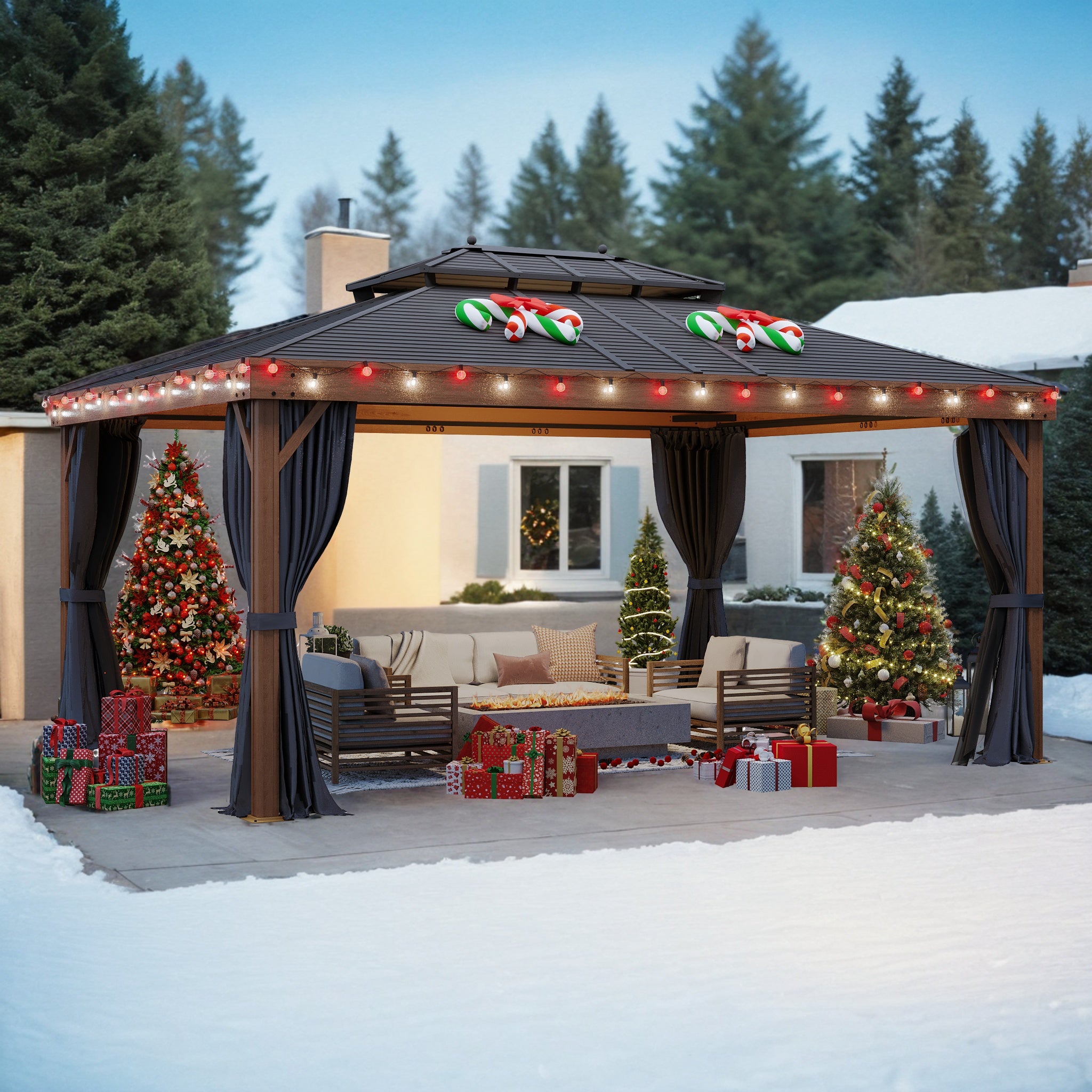 EROMMY 12X16 Hardtop Gazebo with Drainage Gutters - Outdoor Patio Canopy for Backyard, Garden & Poolside Relaxation
