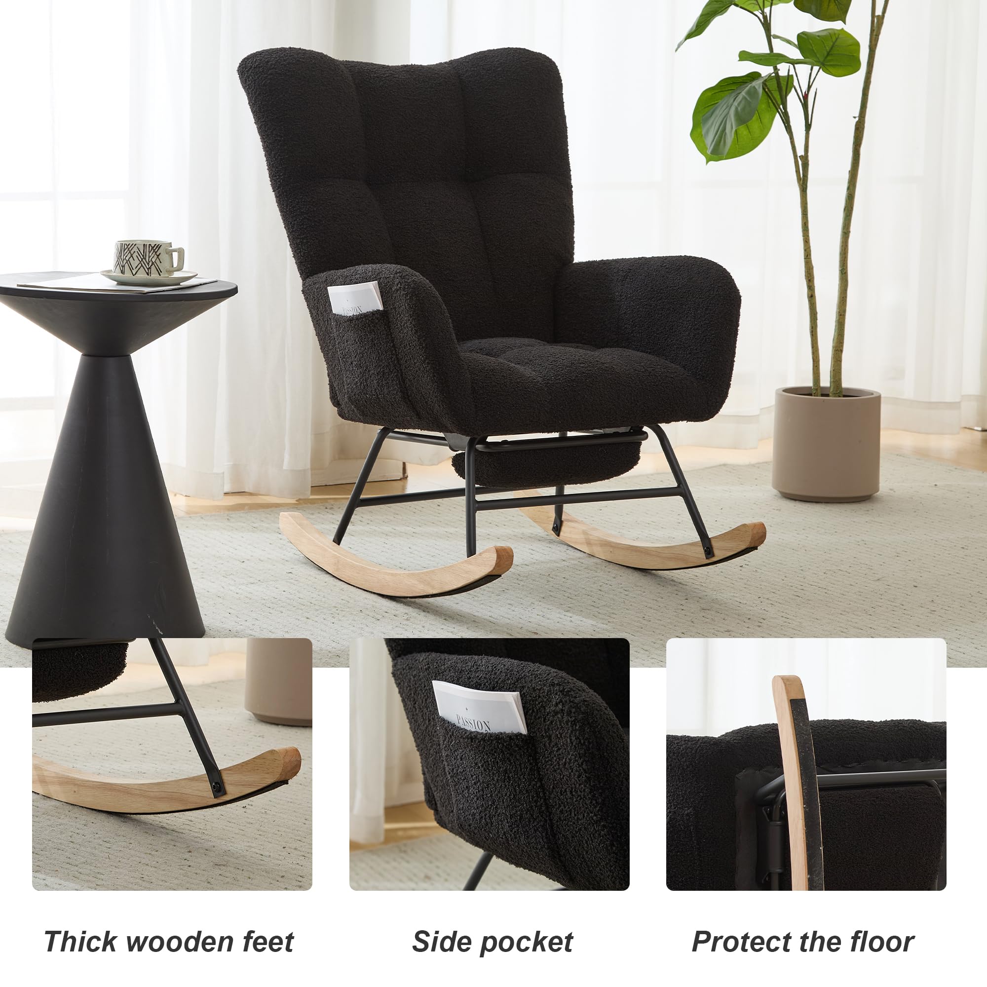 Comfy Teddy Upholstered Glider Rocker Chair with Footrest & High Backrest - Nursery Rocking Armchair with Side Pocket for Living Room, Bedroom, Office (Large Black) | Perfect for Nursing, Reading & Relaxing