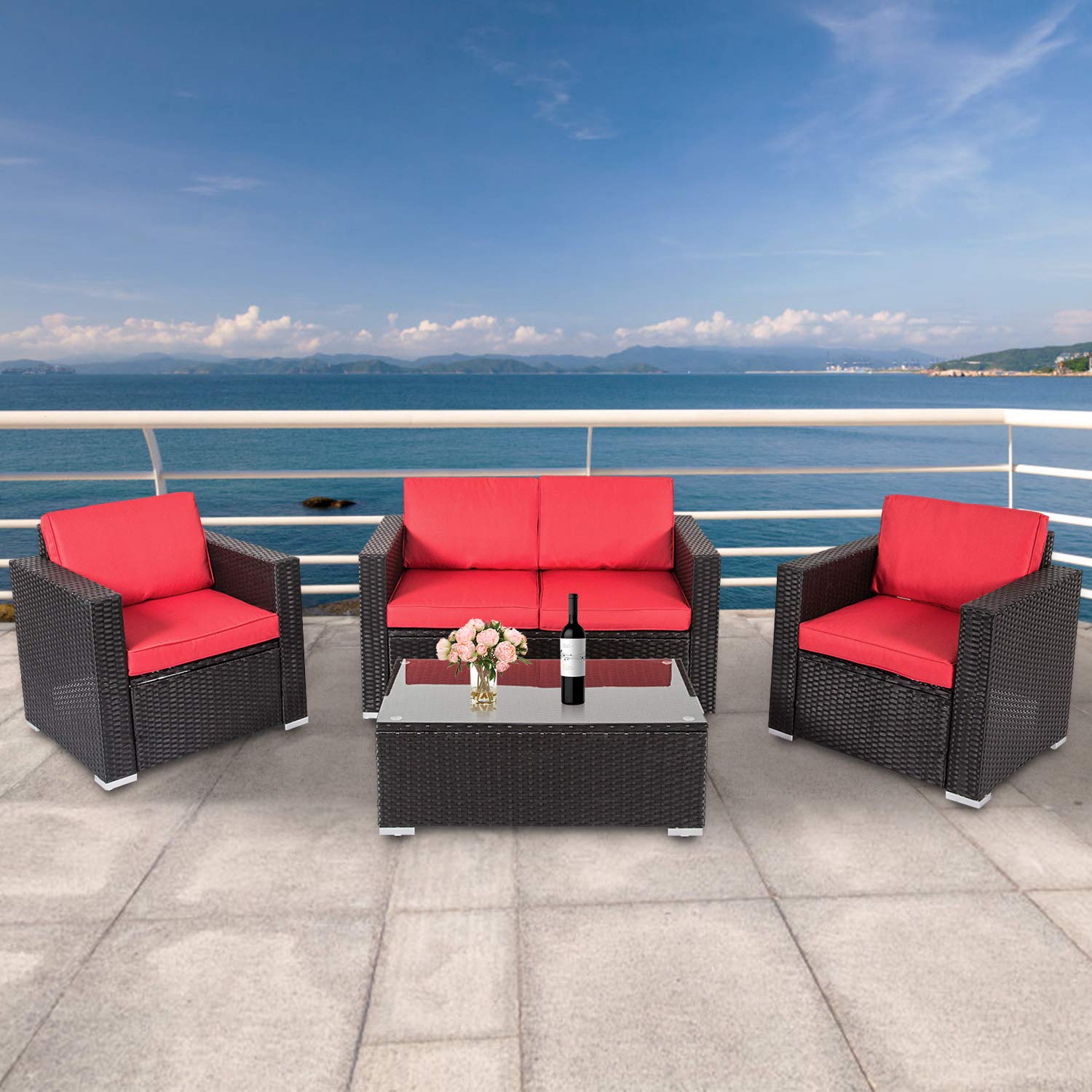 Kinbor 4-Piece Outdoor Patio Furniture Set with Cushions & Coffee Table - Waterproof Garden Conversation Set for Lawn, Deck, Balcony & Poolside (Red) | Perfect for Backyard Relaxation & Outdoor Entertaining