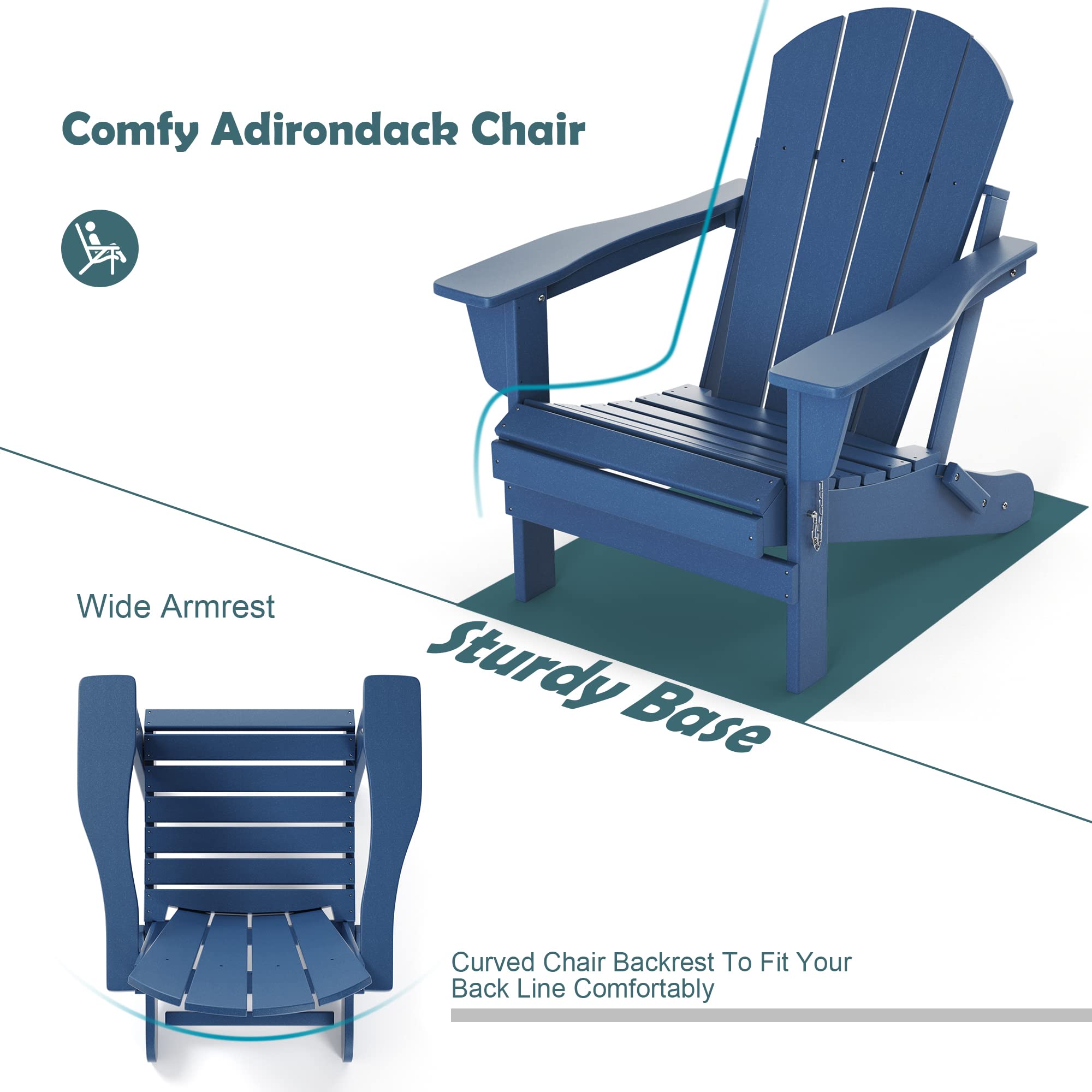 TORVA Folding Adirondack Chair - All-Weather HDPE Resin Outdoor Patio Chair for Backyard, Garden, Beach & Deck - Fire Pit & BBQ Seating - Navy Blue (Perfect for Camping, Picnics & Relaxing Outdoors)