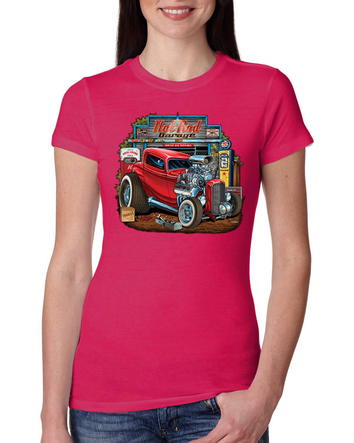Vintage Hot Rod Old Garage Cars and Trucks Women's Slim Fit Junior Tee - Soft Cotton T-Shirt for Casual Wear, Street Style, and Retro Car Enthusiasts - Raspberry, Large