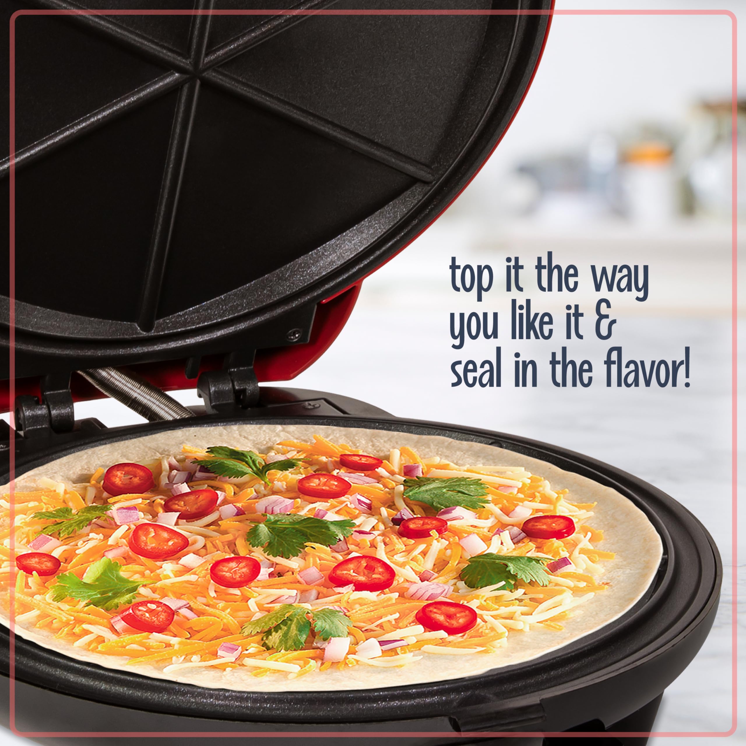 Nostalgia 6-Wedge Electric Quesadilla Maker with Extra Stuffing Latch - 8-Inch Red Non-Stick Surface for Perfect Mexican Snacks - Ideal for Parties, Family Gatherings & Quick Meals