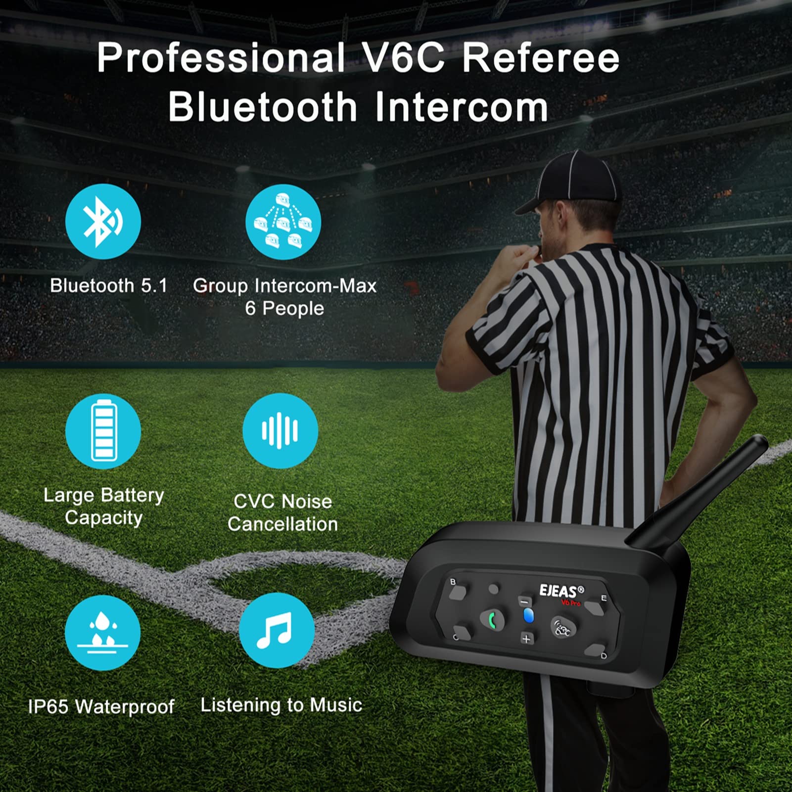 EJEAS V6C Football Referee Headset - Bluetooth Communication System for 2-6 People, 1000m Range, DSP Noise Cancellation, Waterproof (Pack of 1) - Perfect for Soccer Referees, Coaches, and Sports Officials During Games and Training Sessions