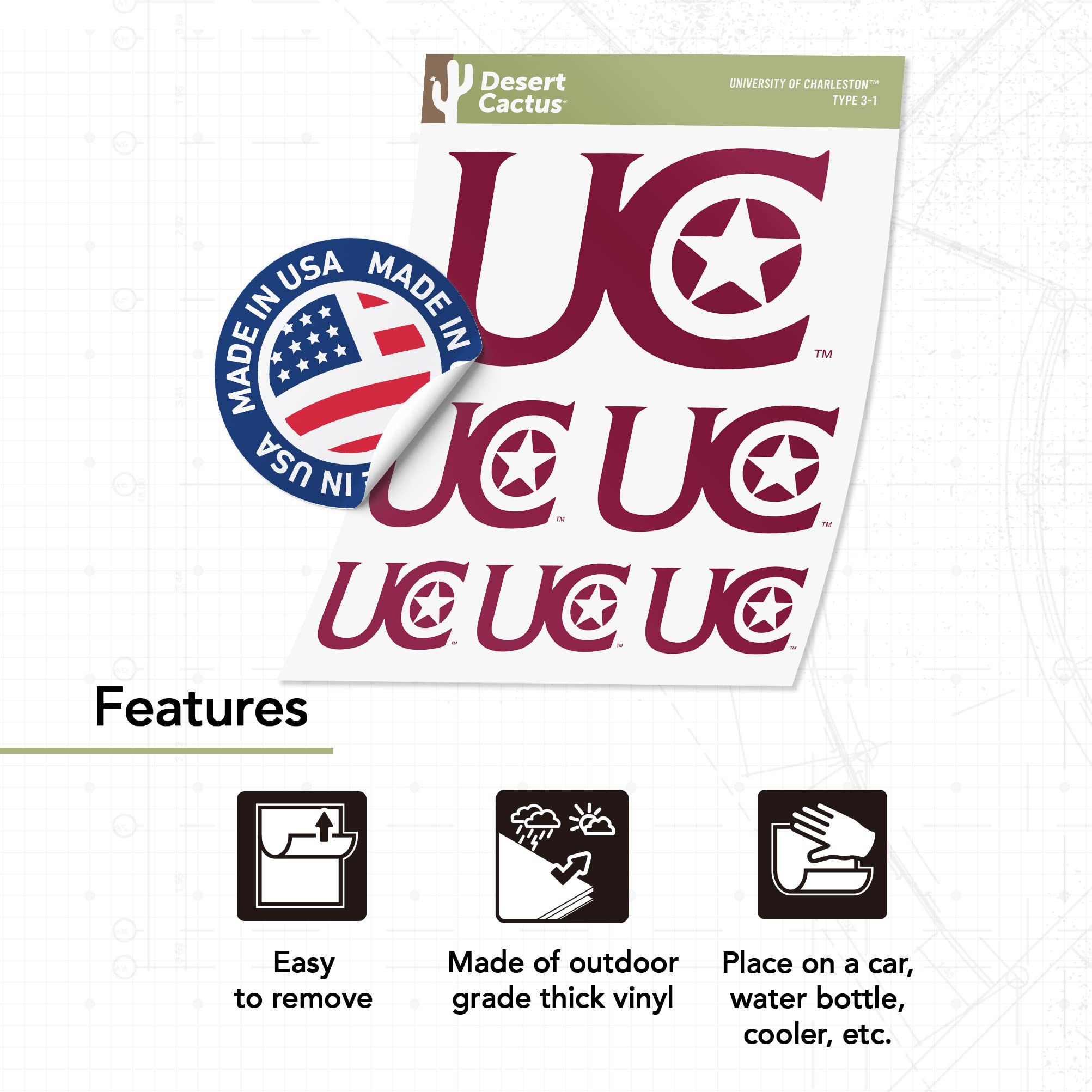 University of Charleston UC Golden Eagles Vinyl Decals - Desert Cactus Design - Waterproof Stickers for Laptop, Water Bottle, Car & Scrapbook - Perfect for School Spirit, College Dorm Decor & Fan Gifts