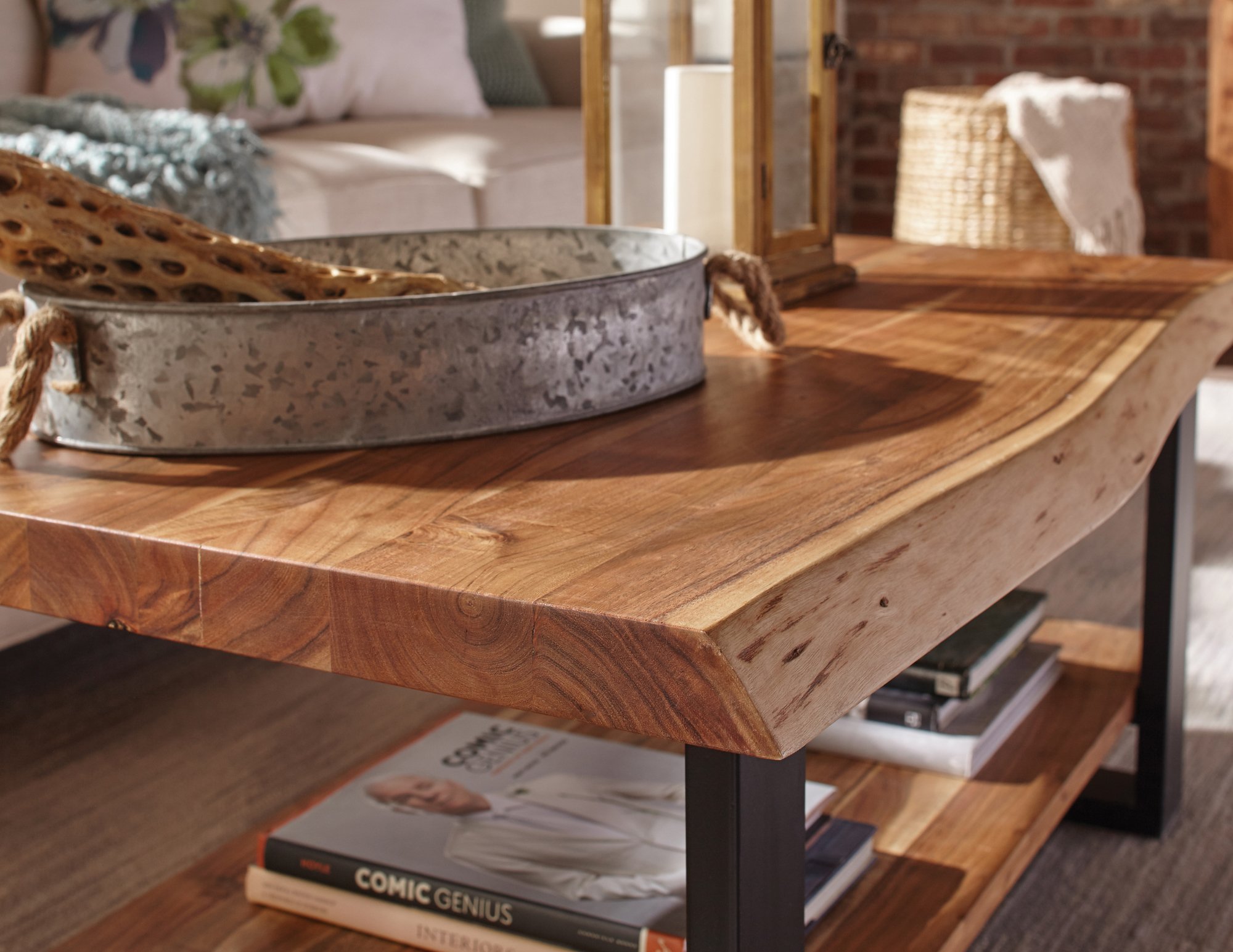 Alpine Natural Live Edge Acacia Wood 2-Shelf End Table with Black Metal Accents & Nylon Floor Protectors - Industrial Rustic Mixed Material Coffee Table for Living Room, Bedroom, or Office