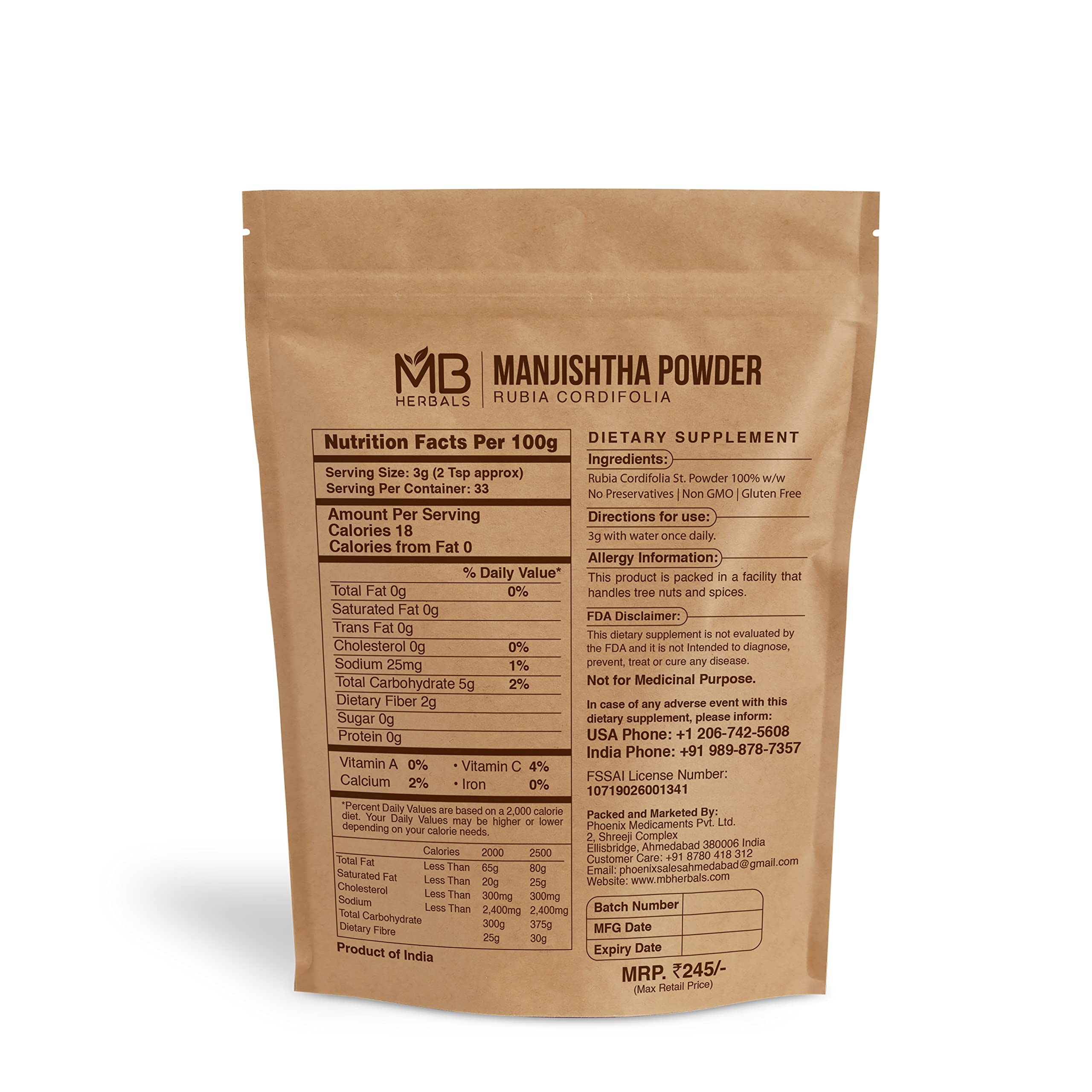 MB Herbals Pure Manjishtha Powder 100g - Natural Skin Brightening & Detoxifying Face Mask | Food Grade, Preservative-Free, Paraben-Free, Sulfate-Free | DIY Beauty for Glowing Skin & Acne Relief | Perfect for Homemade Face Packs & Ayurvedic Skincare Routines