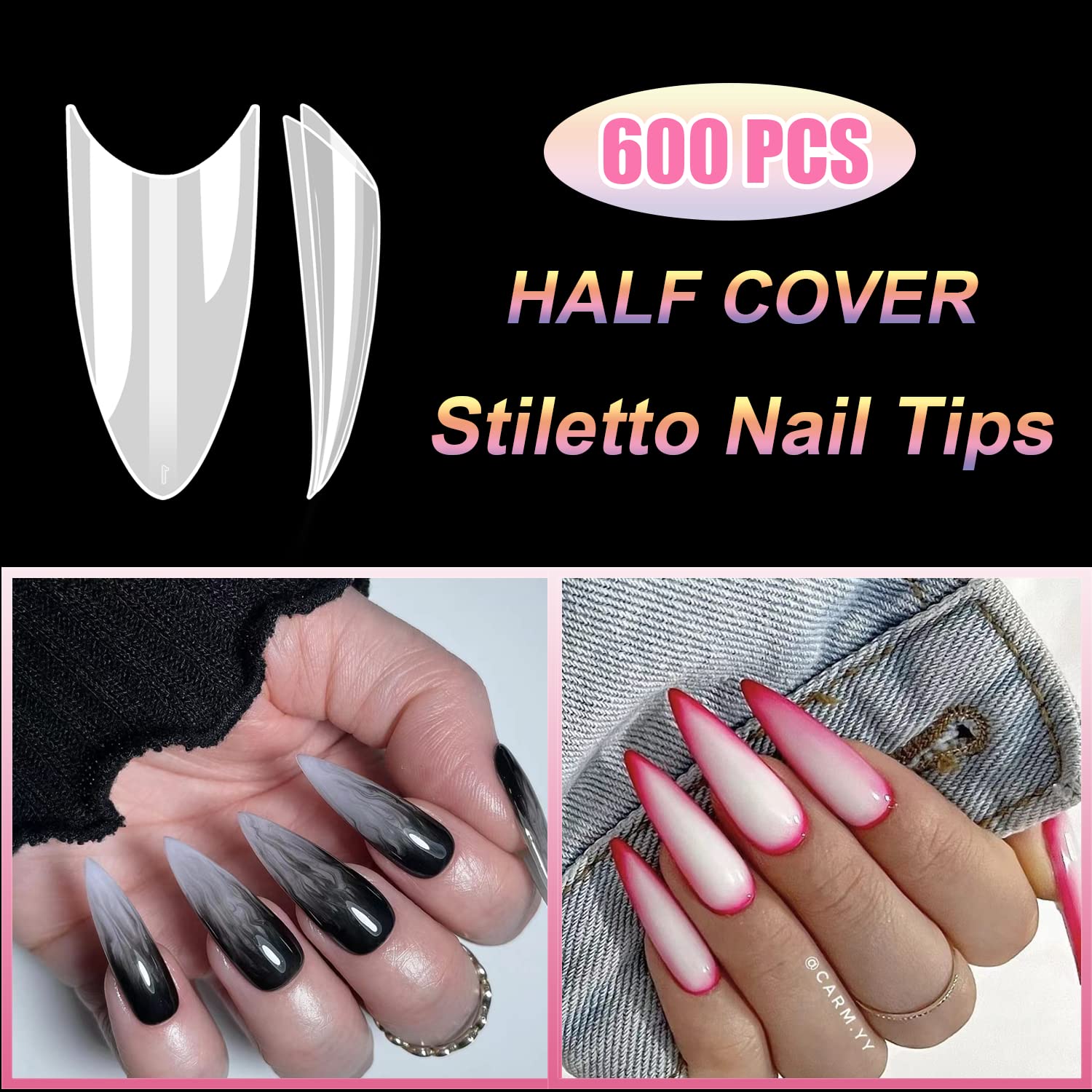 MEKK 600PCS Acrylic False Nail Tips - Short Stiletto Shape, Half Cover Natural Nails for Salon & DIY Home Manicure (10 Sizes) | Perfect for Nail Art, Acrylic Extensions & Professional Nail Services