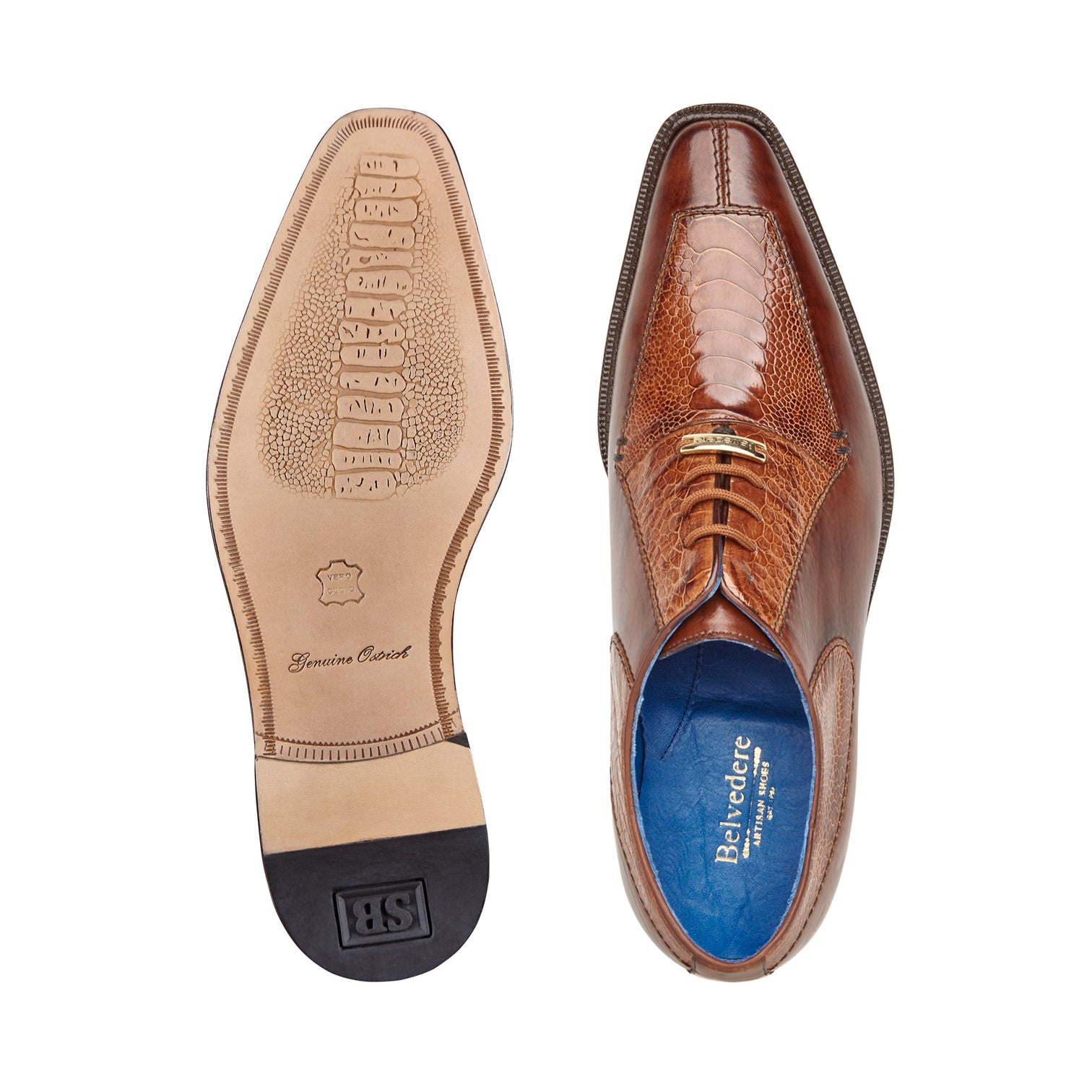 Belvedere Biagio Genuine Ostrich Leather & Italian Calfskin Dress Shoes - Antique Peanut Brown Size B13 | Premium Men's Formal Footwear for Business & Special Occasions
