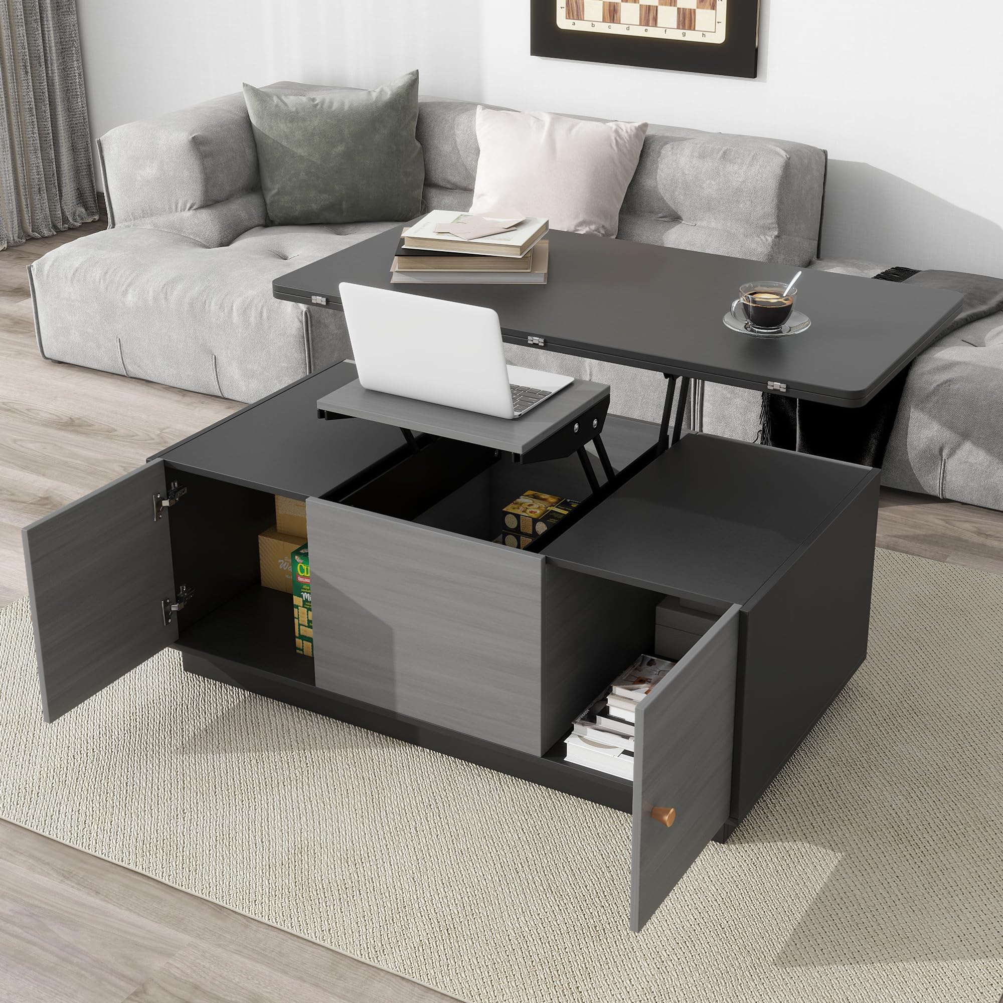 Modern Lift-Top Coffee Table with Storage Compartments & Hidden Cabinet - Convertible Dining Table, Rectangle Cocktail Center Table for Living Room & Office - Dark Grey - Perfect for Small Spaces, Entertaining Guests, and Multifunctional Home Use