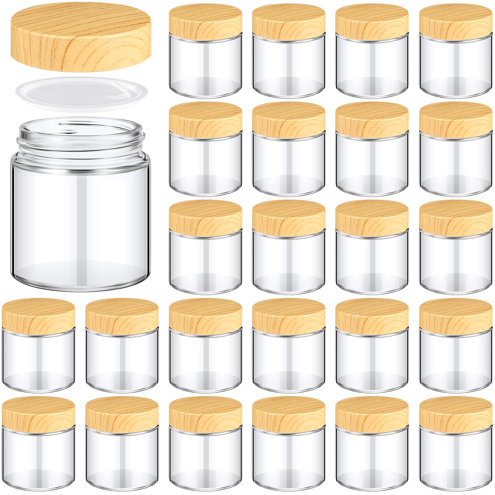 24-Piece Small Glass Jars with Woodgrain Lids - 4oz Airtight Cosmetic Containers | Reusable Empty Jars with Inner Liners for Travel, DIY Beauty, Skincare & Essential Oil Storage