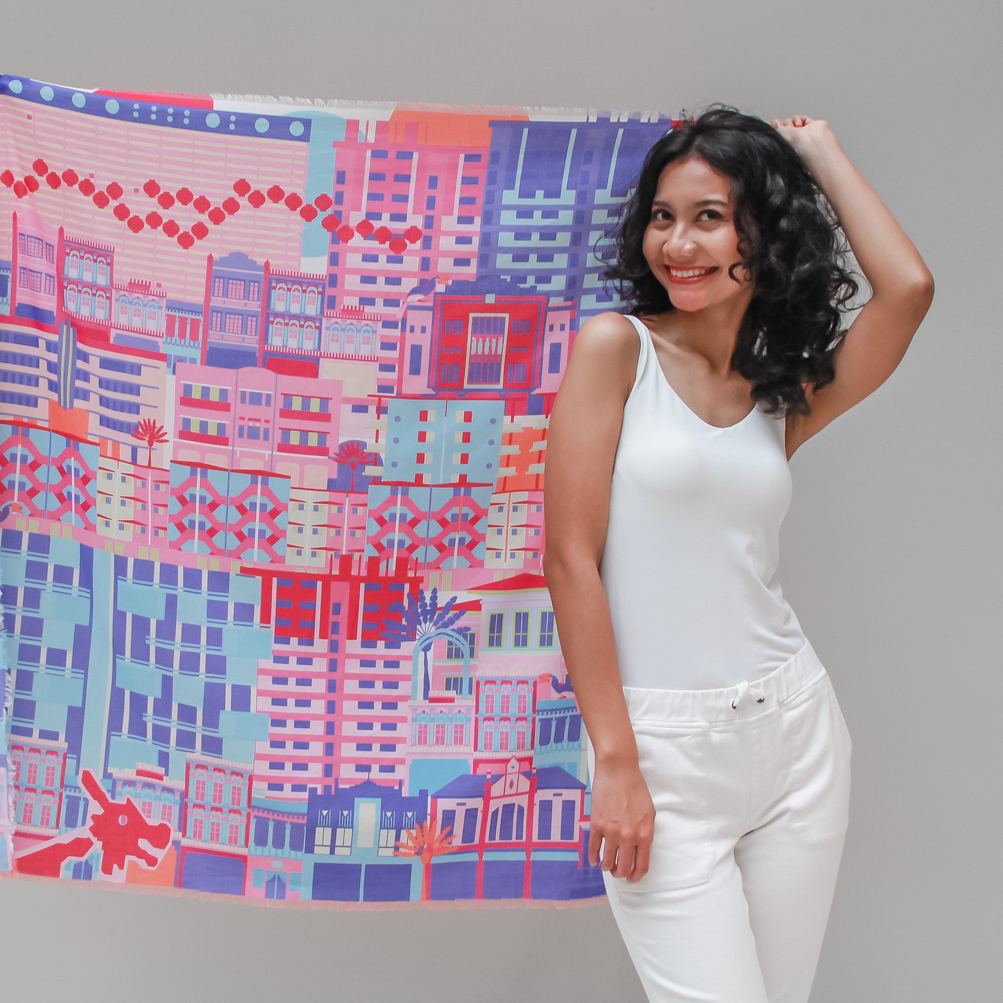 Vibrant Singapore-Themed Cotton Scarf - Lightweight & Breathable Fashion Accessory for Women - Perfect for Travel, Gifts, and Everyday Style
