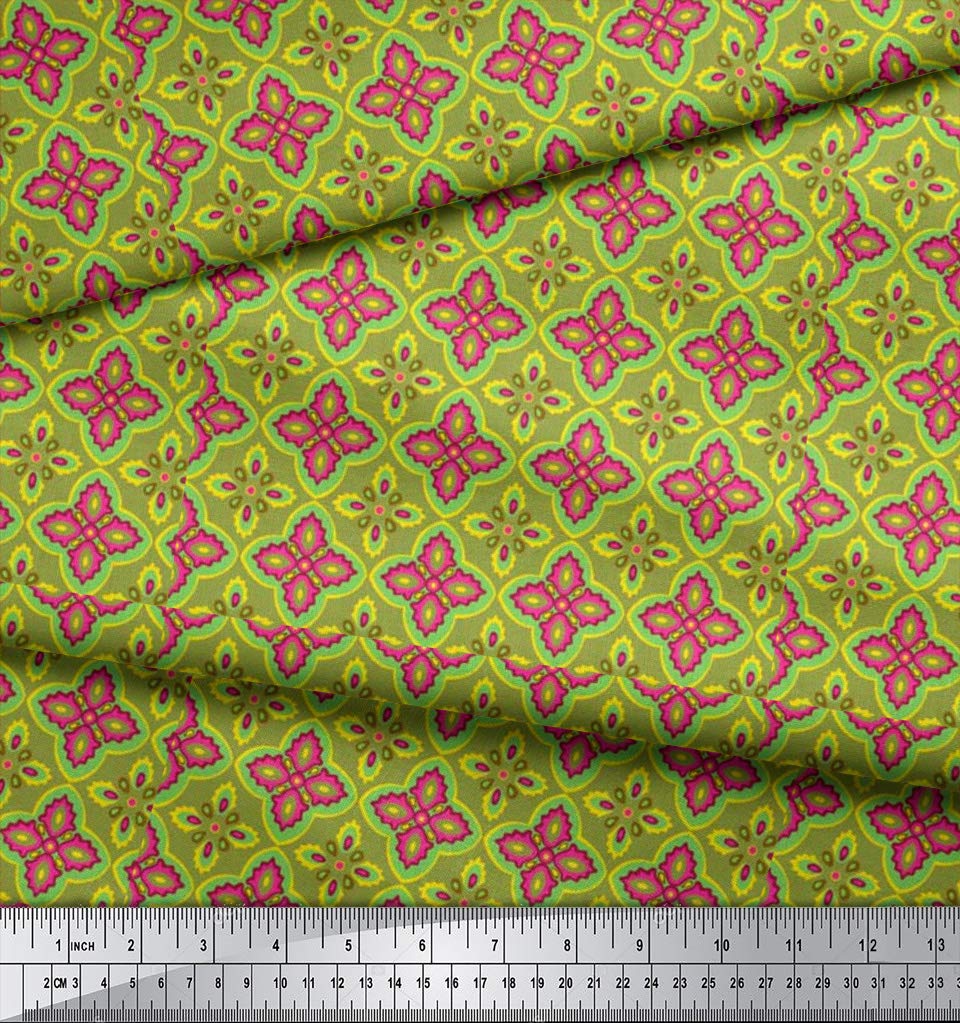 Soimoi Moss Green Georgette Fabric by The Yard - 44 Inch Wide Moroccan Damask Print - Exotic Vibrant Fashion & Home Decor Fabric for Dresses, Curtains, Scarf Making & DIY Projects