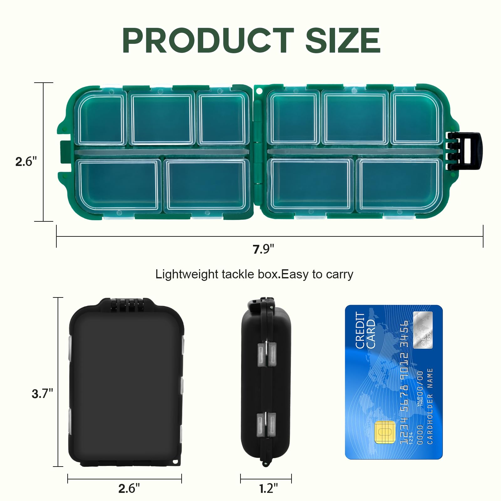ROUDJER 2-Piece Waterproof Fishing Tackle Box Set - 10 Compartment Plastic Organizer with Transparent Lid (Black & Green) for Freshwater & Saltwater Fishing Gear Storage | Perfect for Boat, Shore, and Kayak Fishing Trips