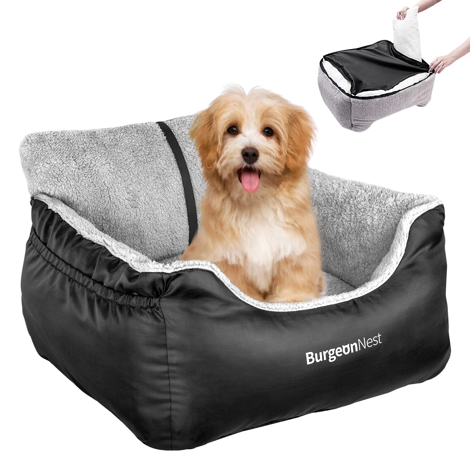BurgeonNest Detachable Washable Dog Car Seat for Small Dogs Under 25lbs - Soft Pet Booster Seat with Storage Pockets & Clip-On Leash - Portable Travel Carrier Bed for Cars, Road Trips & Daily Commutes
