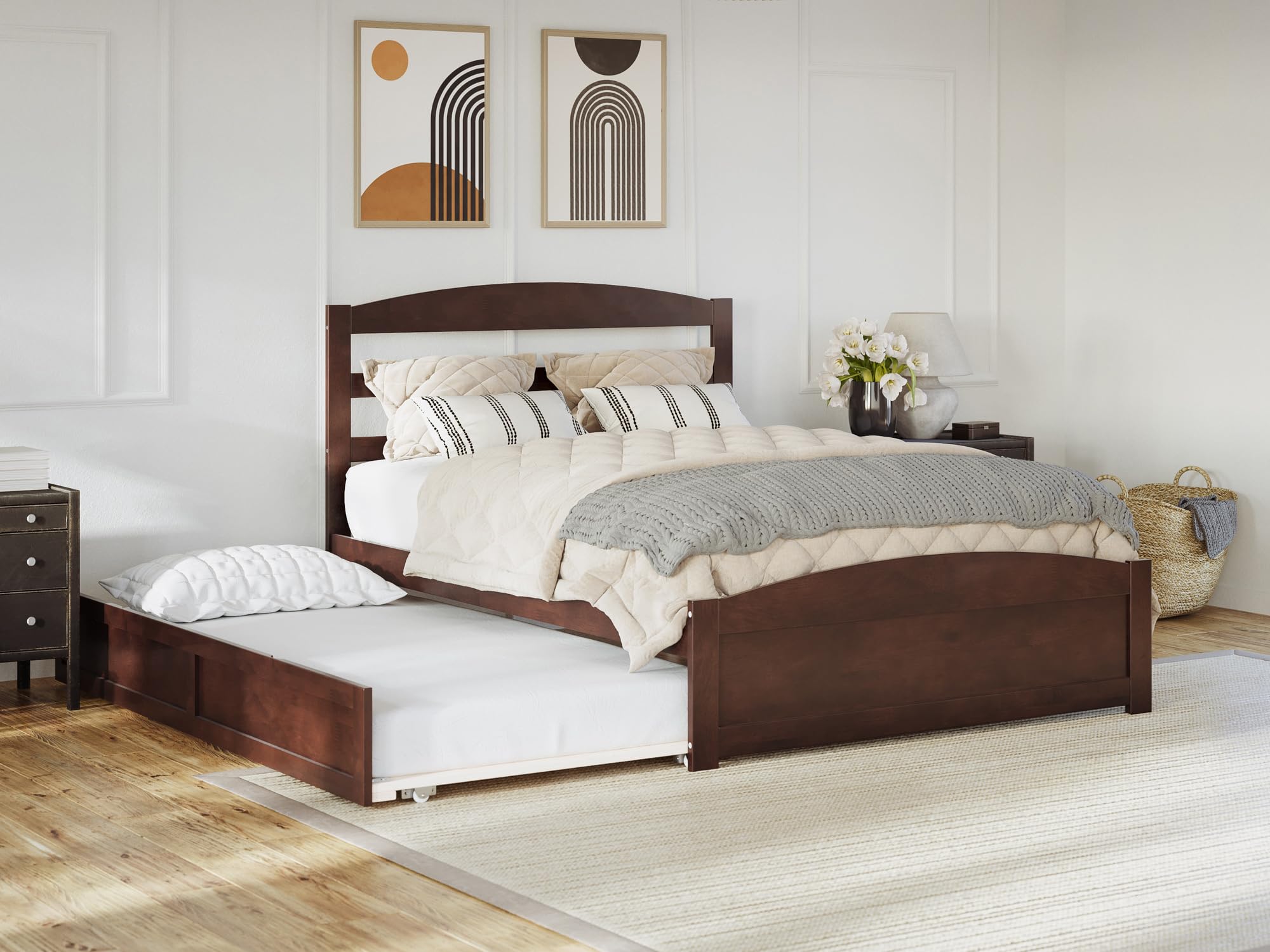 AFI Warren Queen Size Platform Bed with Footboard, Twin XL Trundle & USB Charging Station - Solid Walnut Wood Frame for Modern Bedroom - Perfect for Guest Rooms, Small Spaces & Multi-Functional Sleeping Solutions